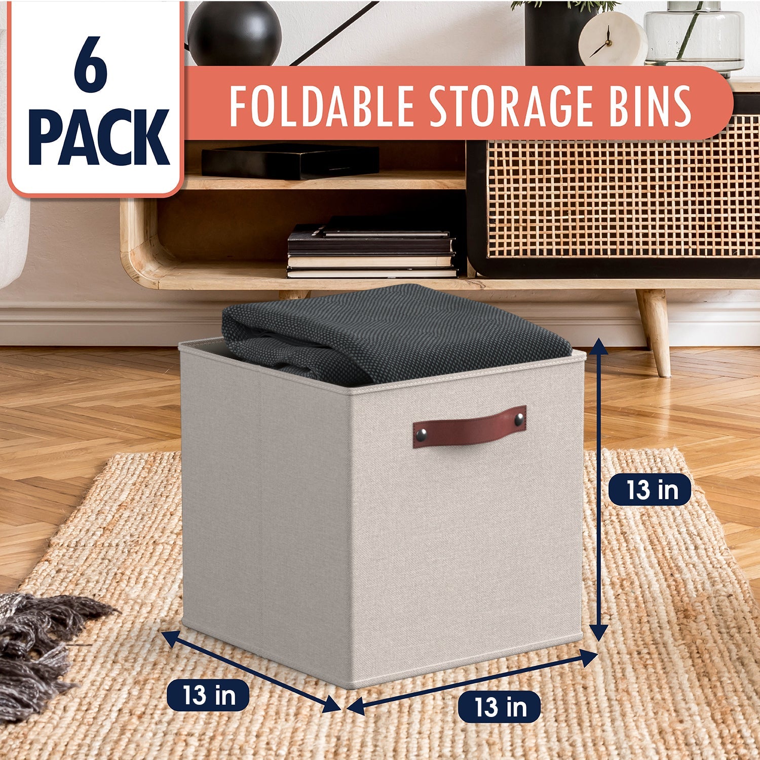 Storage Cube Bin Linen w/ Leather Handles (6 Pack)