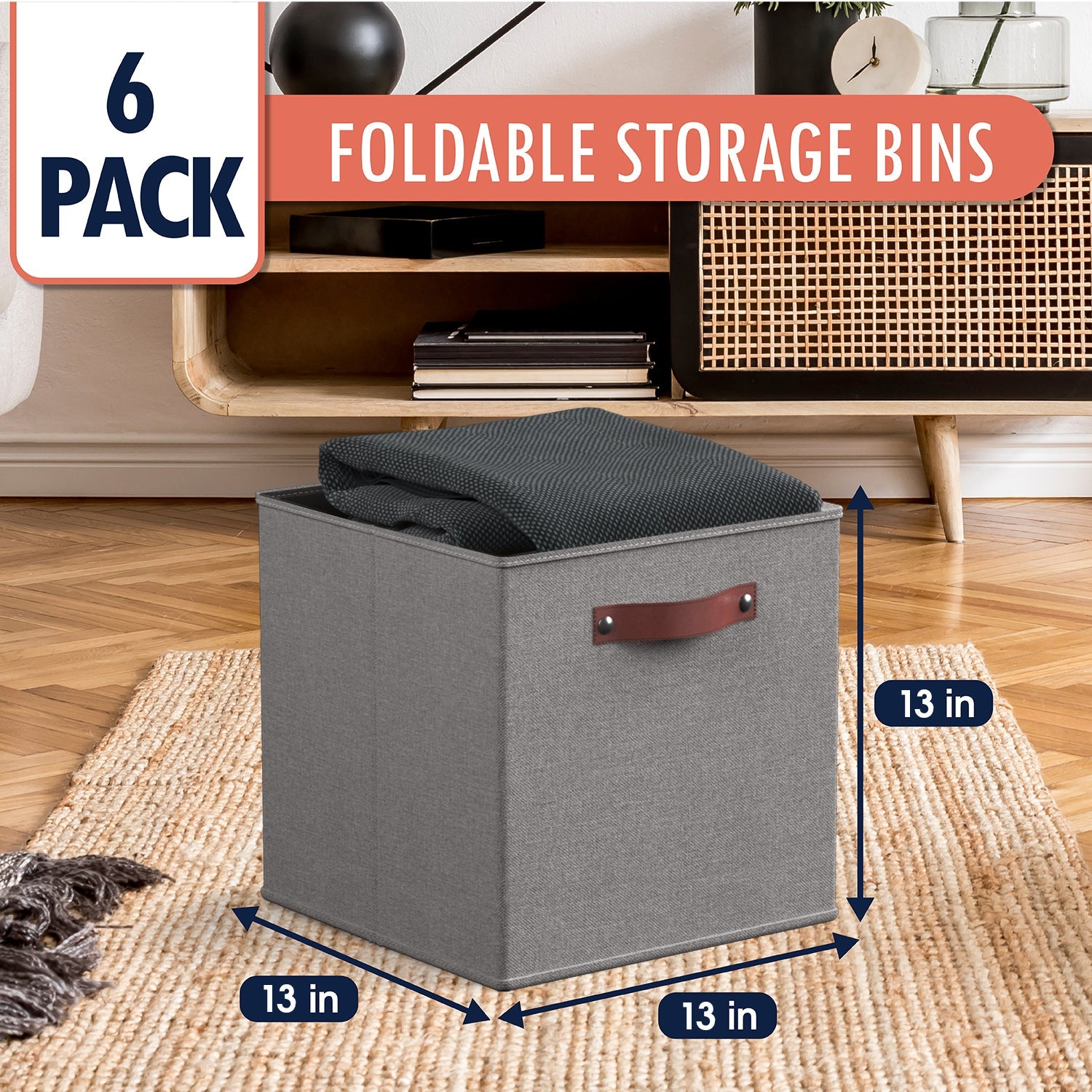 Storage Cube Bin Linen w/ Leather Handles (6 Pack)