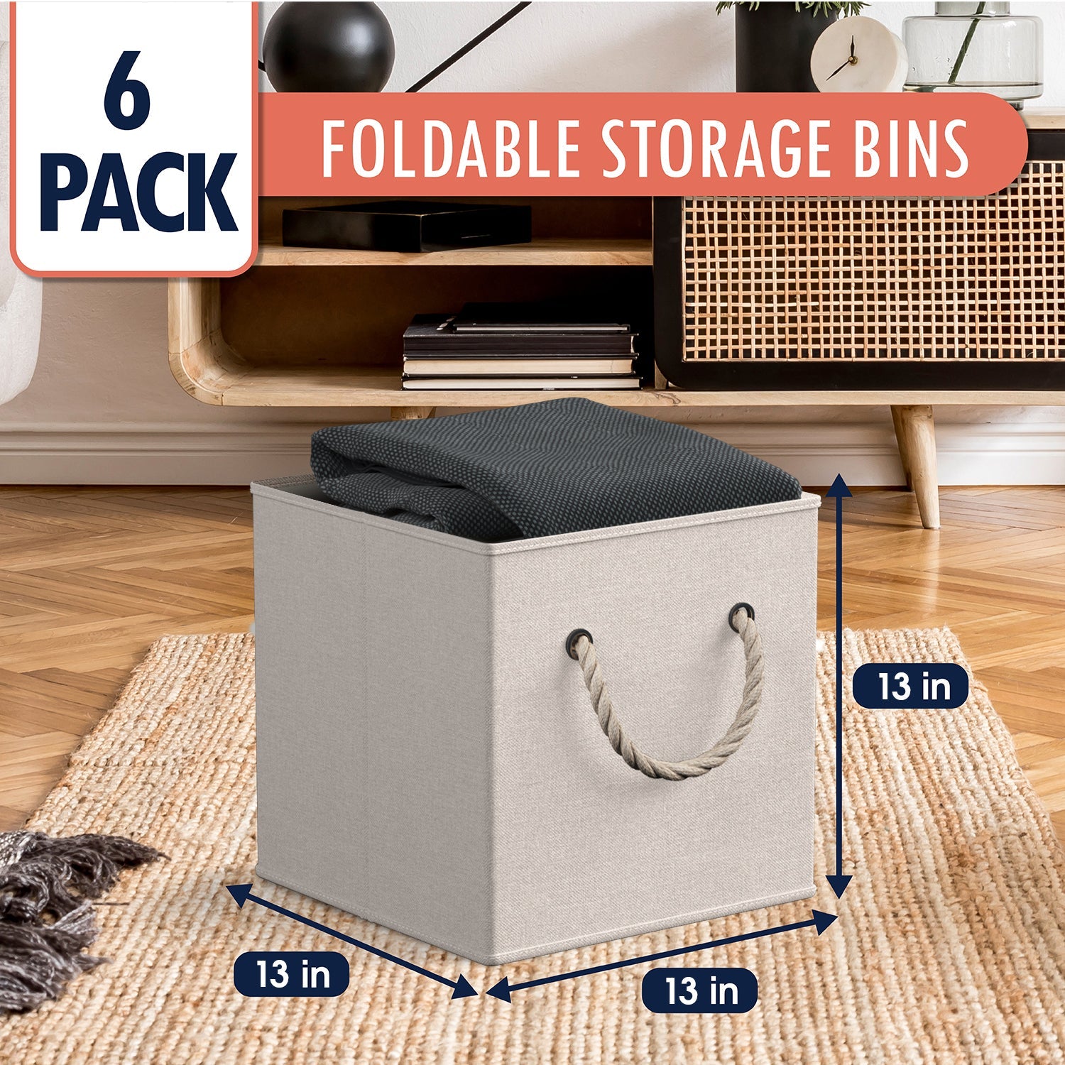 Linen Storage Cube Bin w/ Rope Handles (6 Pack)