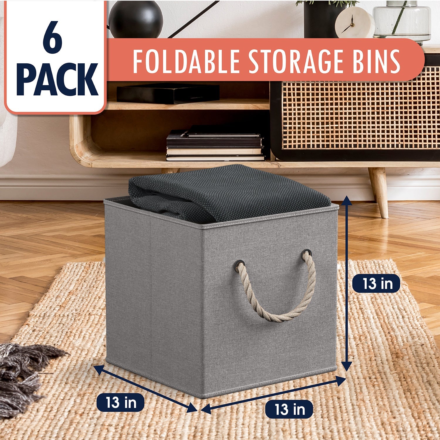 Linen Storage Cube Bin w/ Rope Handles (6 Pack)