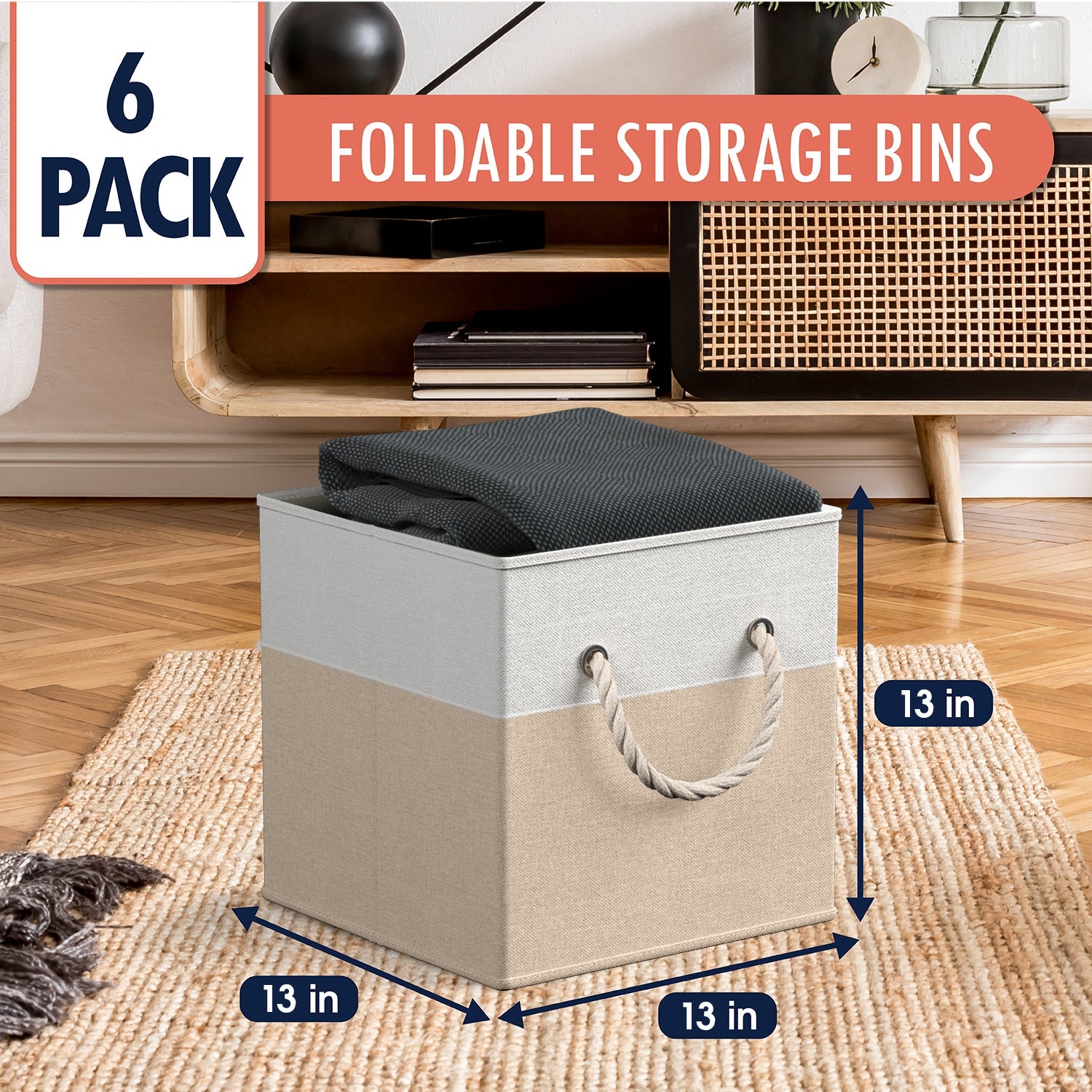 Linen Storage Cube Bin w/ Rope Handles (6 Pack)