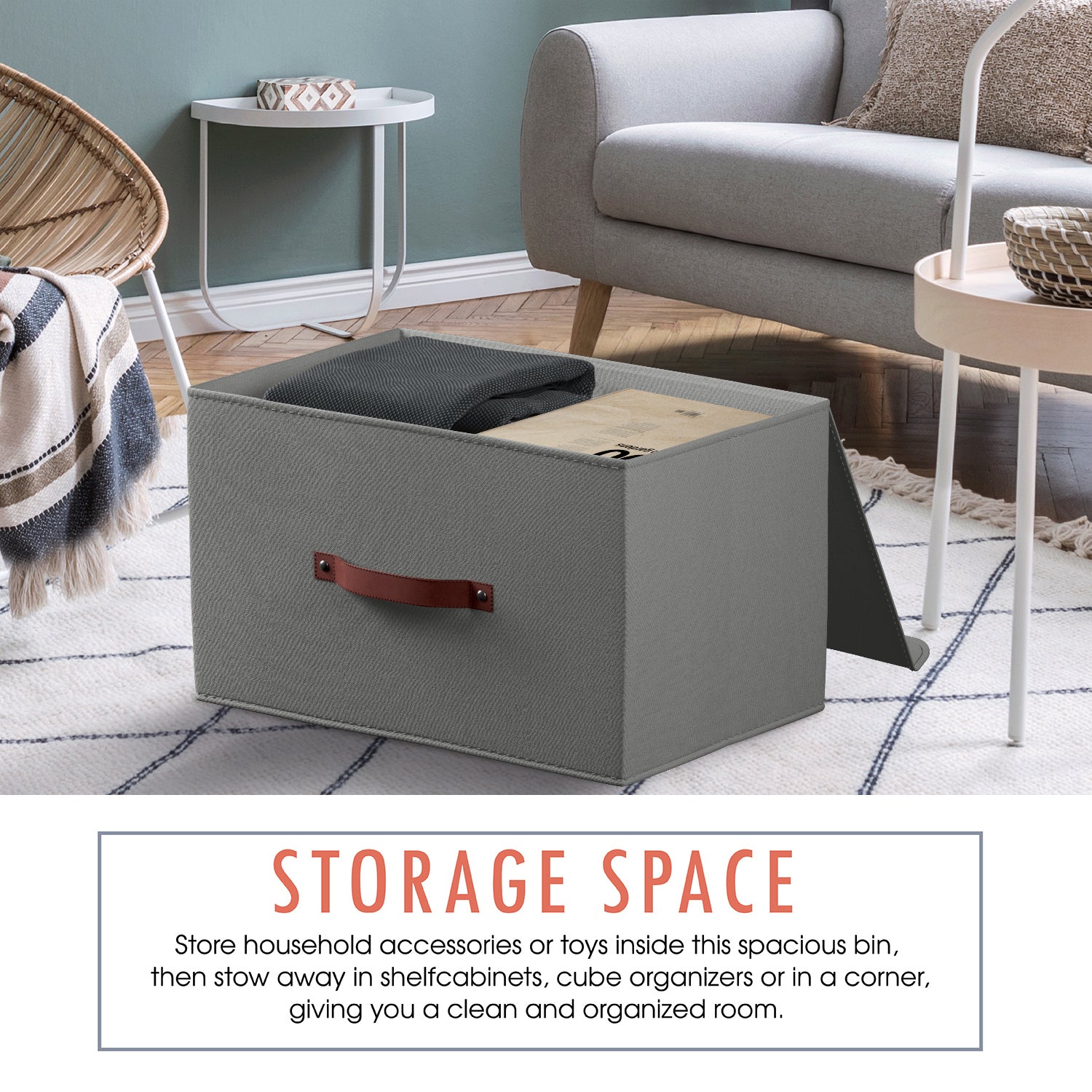 Storage Bins Linen w/ Leather Handles and Lid (3 Pack)