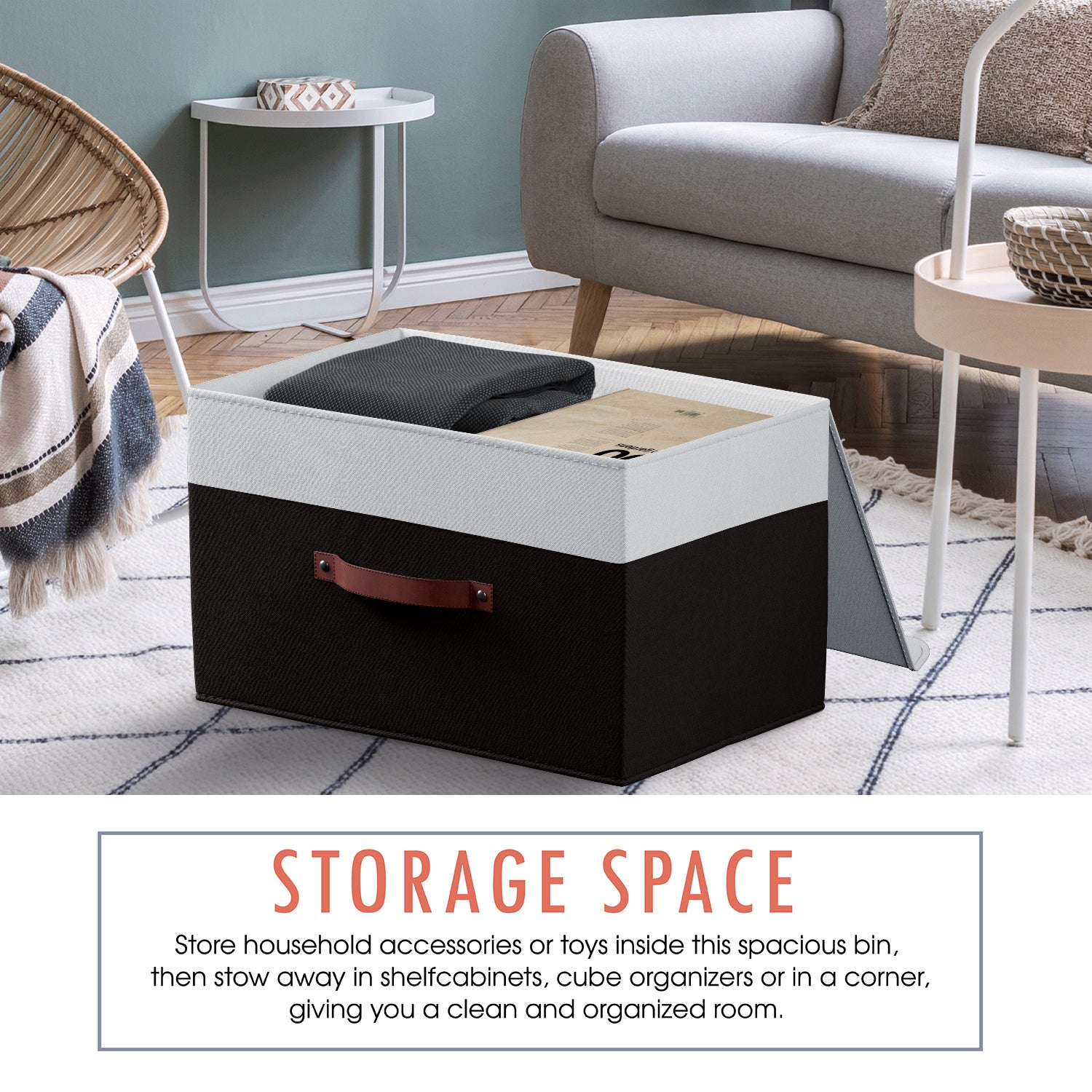 Storage Bins Linen w/ Leather Handles and Lid (3 Pack)