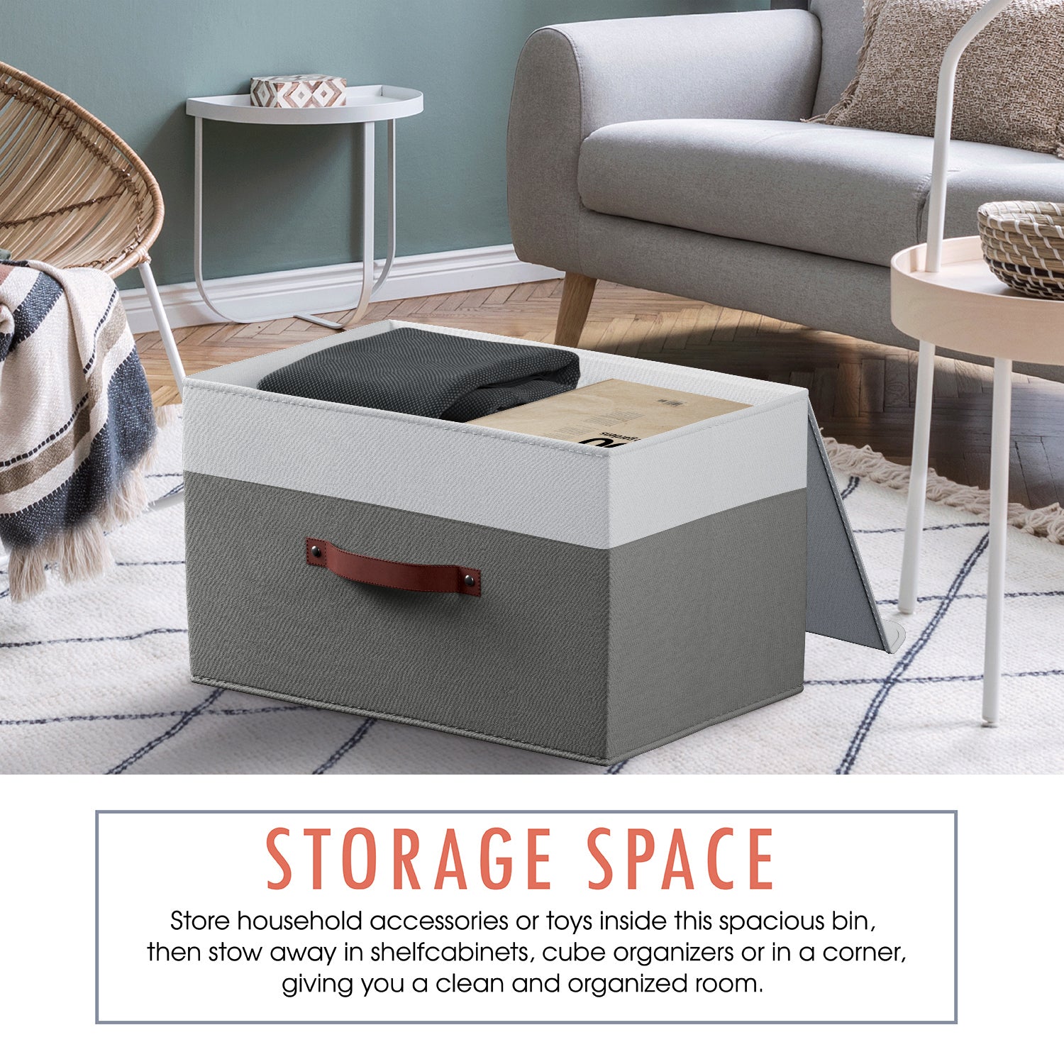 Storage Bins Linen w/ Leather Handles and Lid (3 Pack)