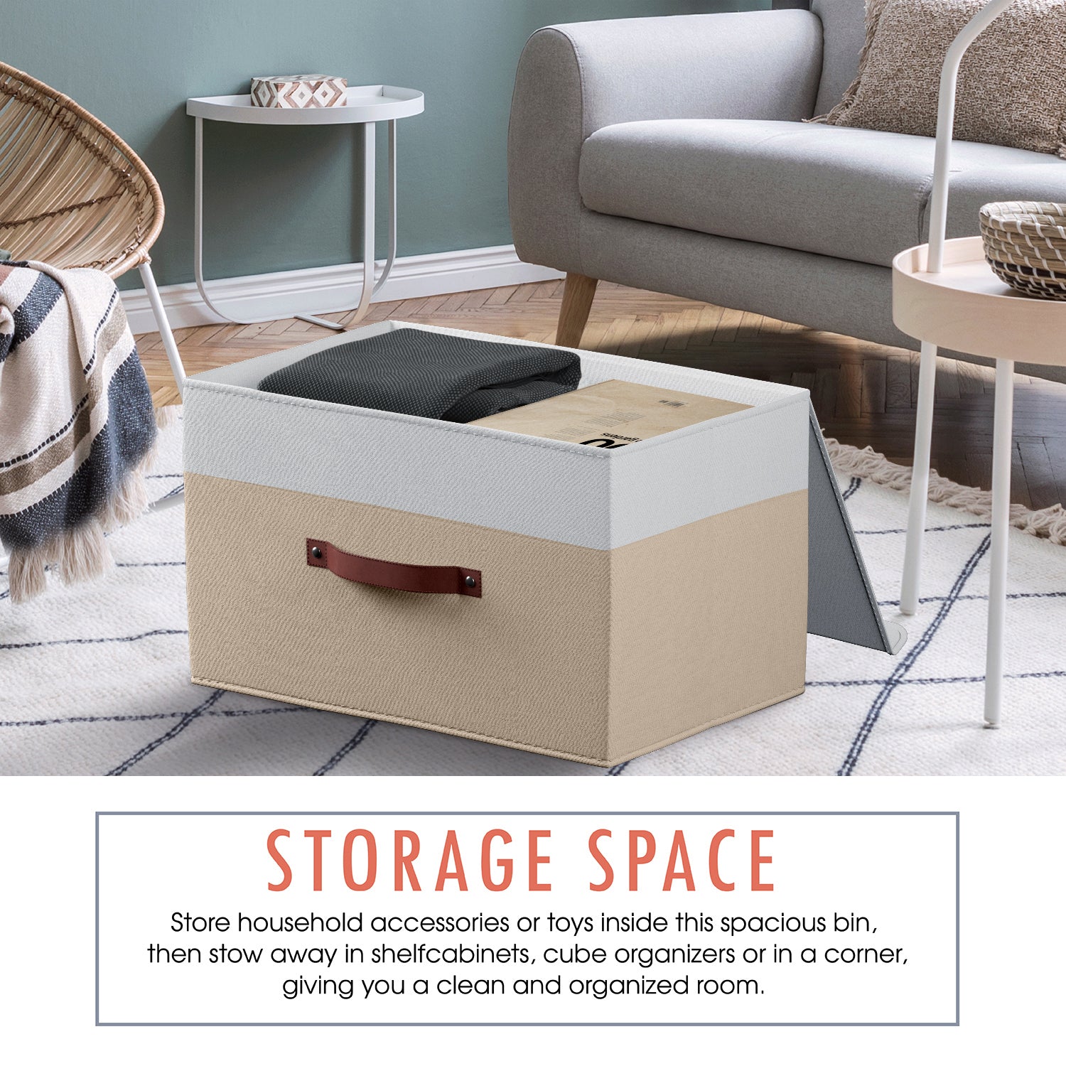 Storage Bins Linen w/ Leather Handles and Lid (3 Pack)