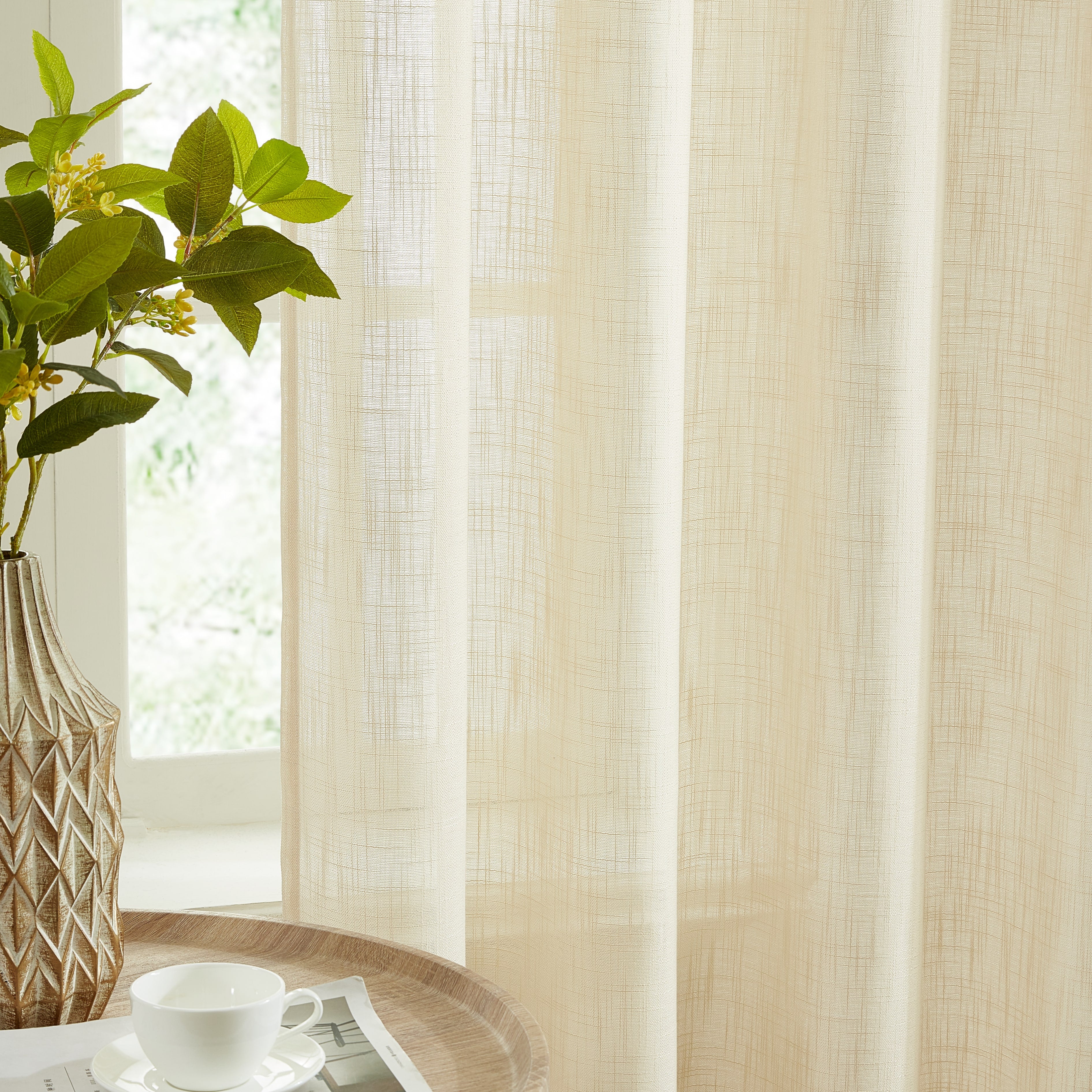 Linda Faux Linen Textured Sheer Rod Pocket Curtain Panels