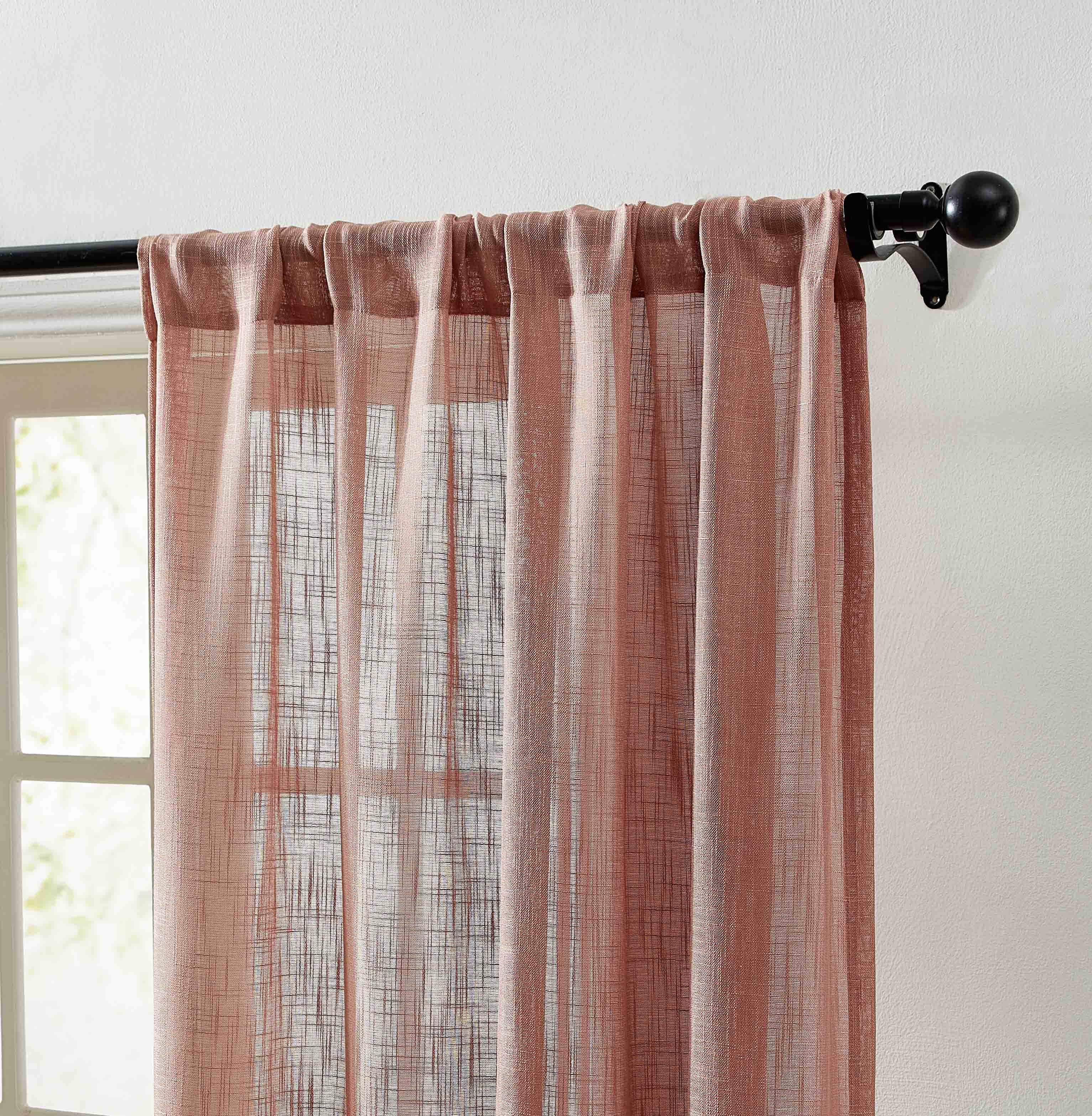Linda Faux Linen Textured Sheer Rod Pocket Curtain Panels