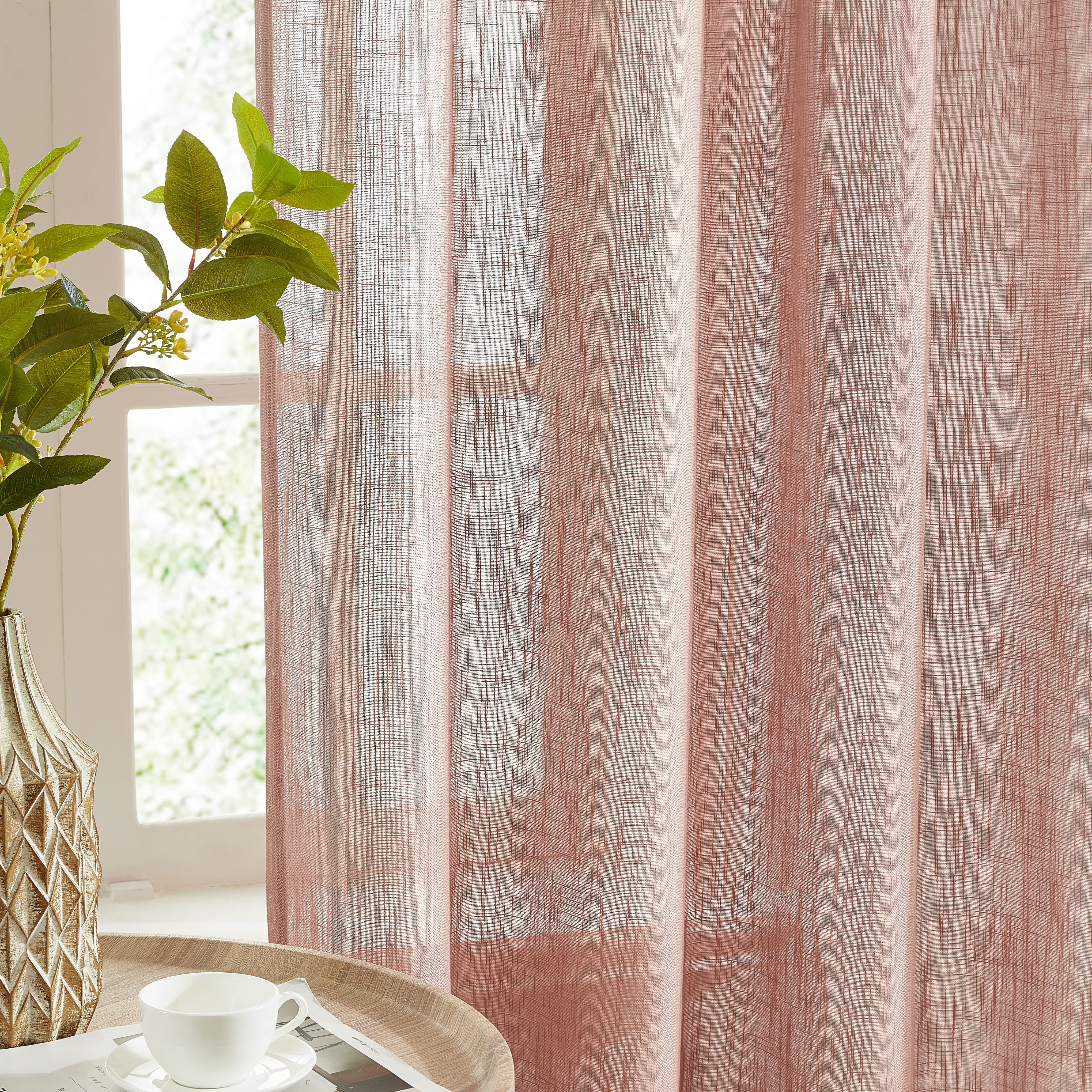 Linda Faux Linen Textured Sheer Rod Pocket Curtain Panels