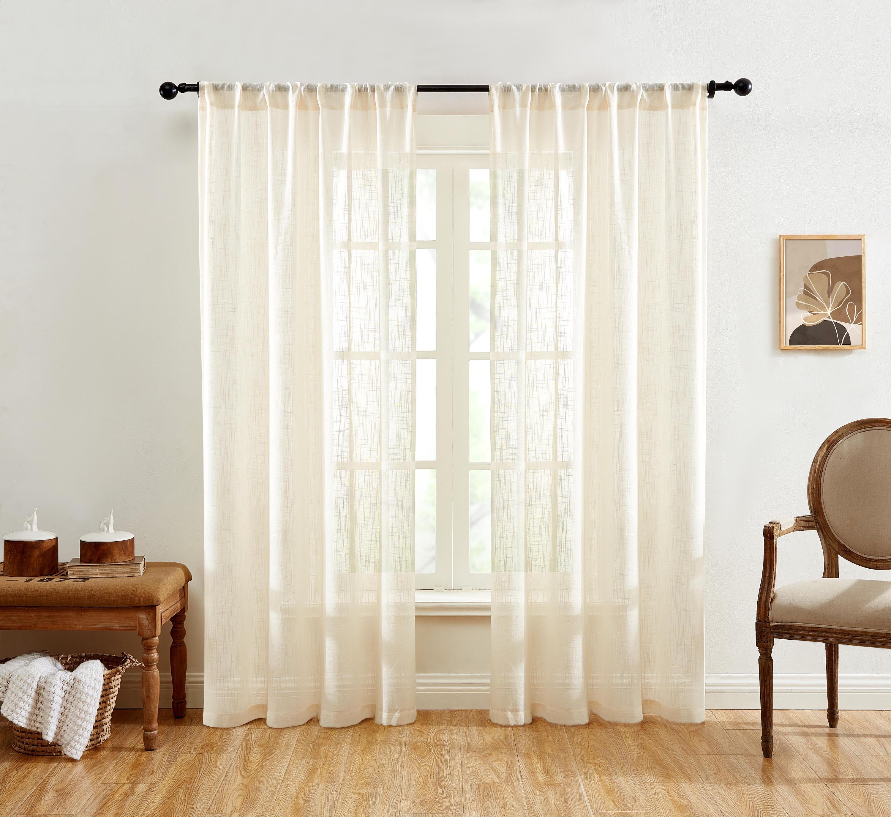 Linda Faux Linen Textured Sheer Rod Pocket Curtain Panels