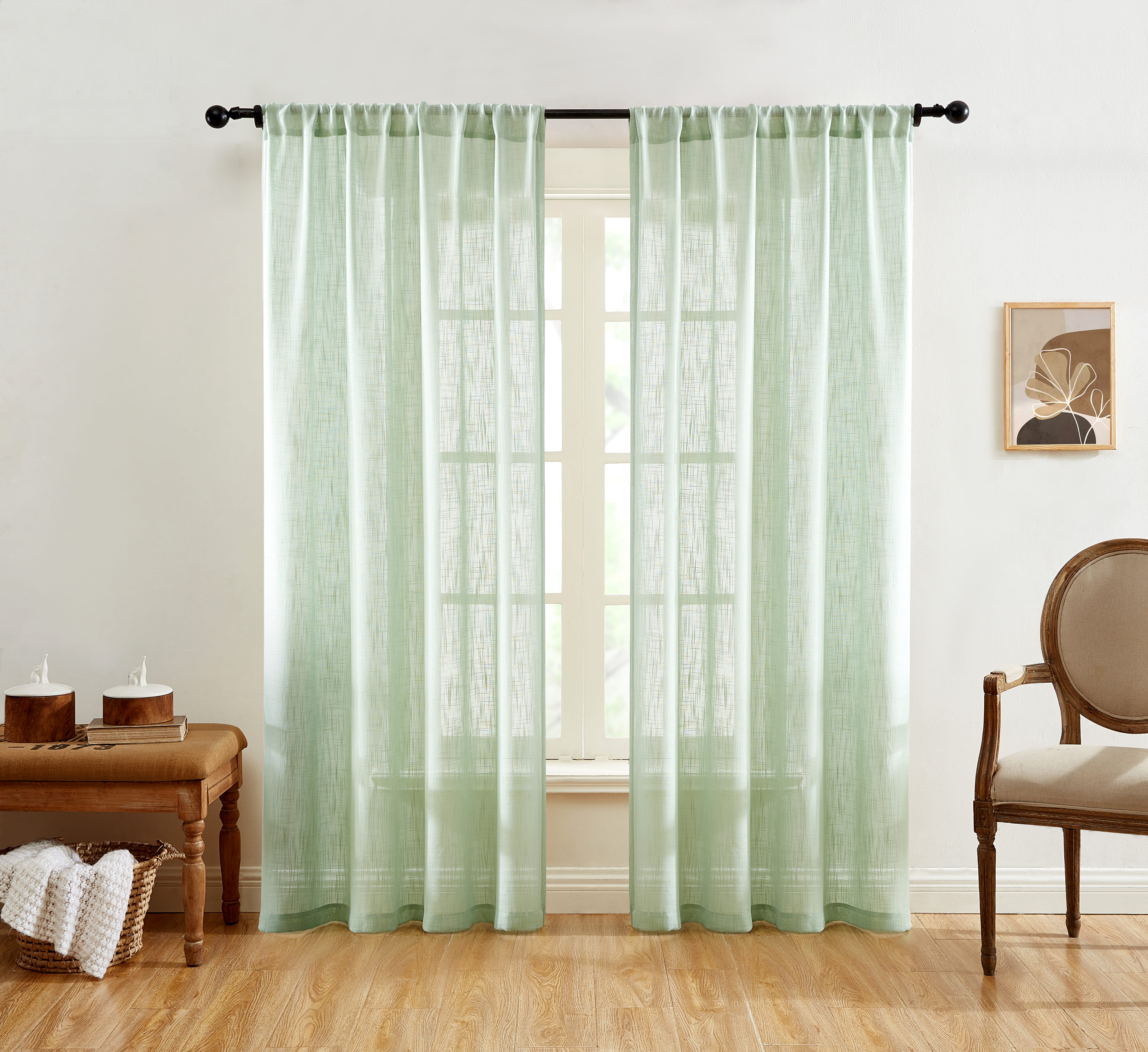 Linda Faux Linen Textured Sheer Rod Pocket Curtain Panels
