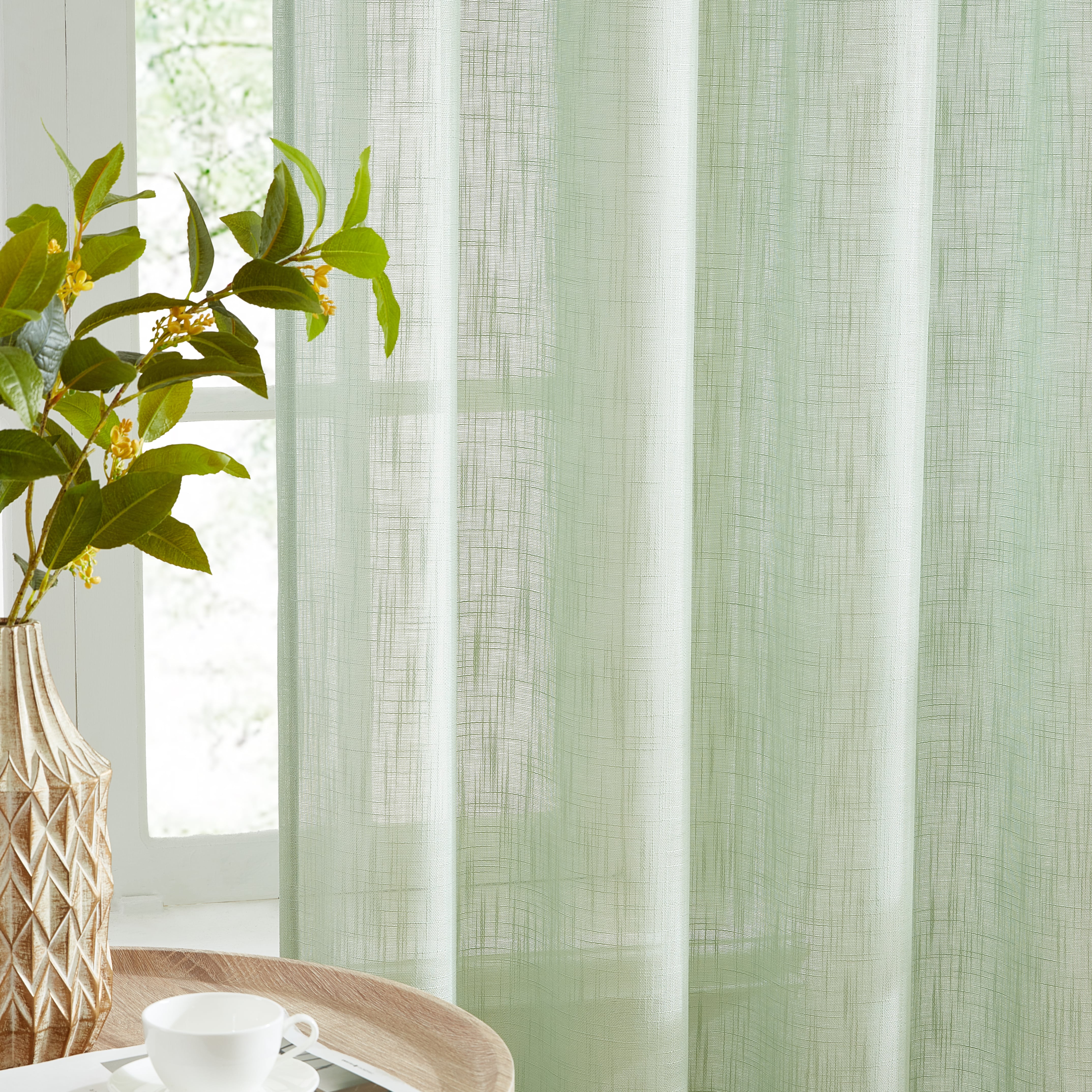 Linda Faux Linen Textured Sheer Rod Pocket Curtain Panels