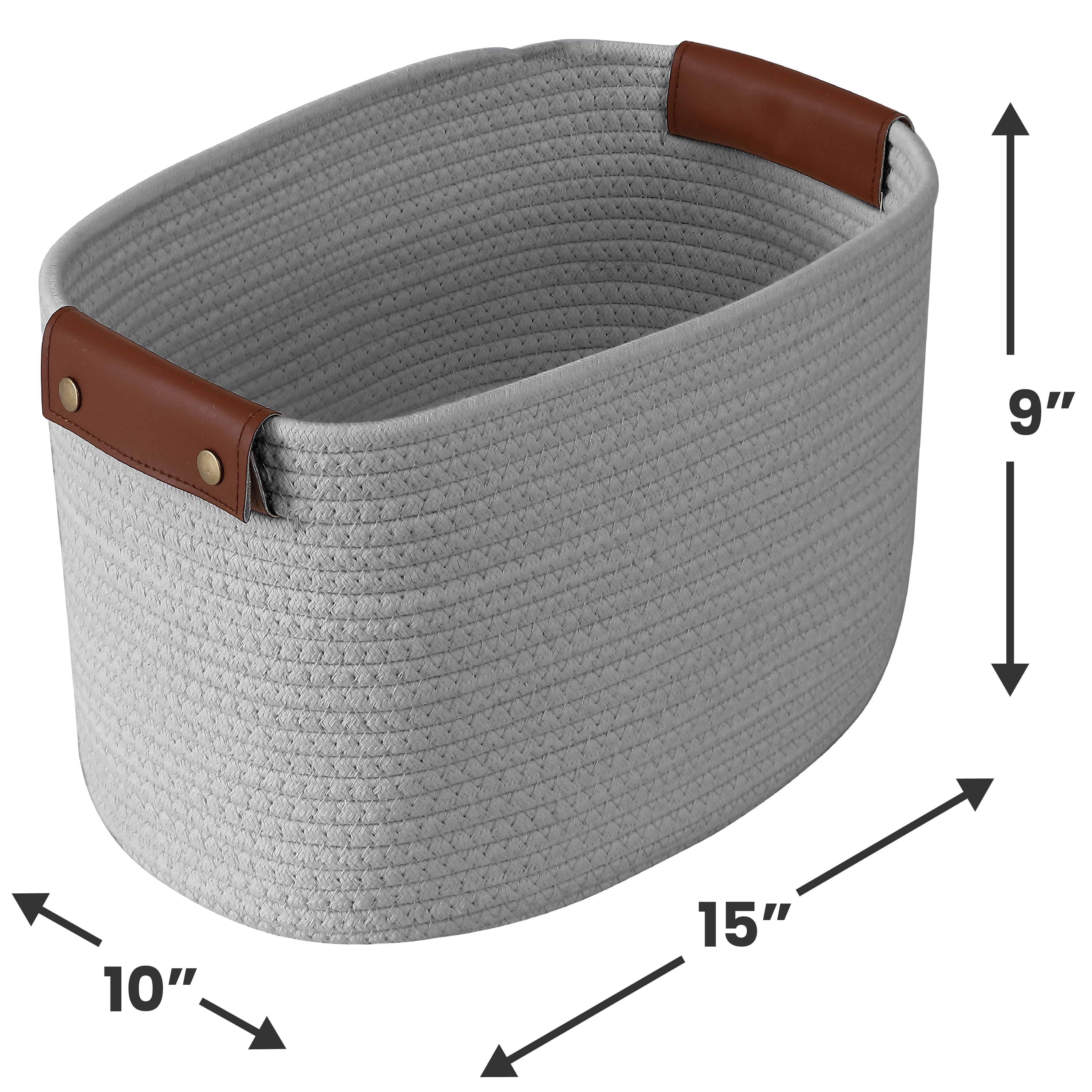 Woven Cotton Rope Shelf Storage Basket with Leather Handles (3 Pack)