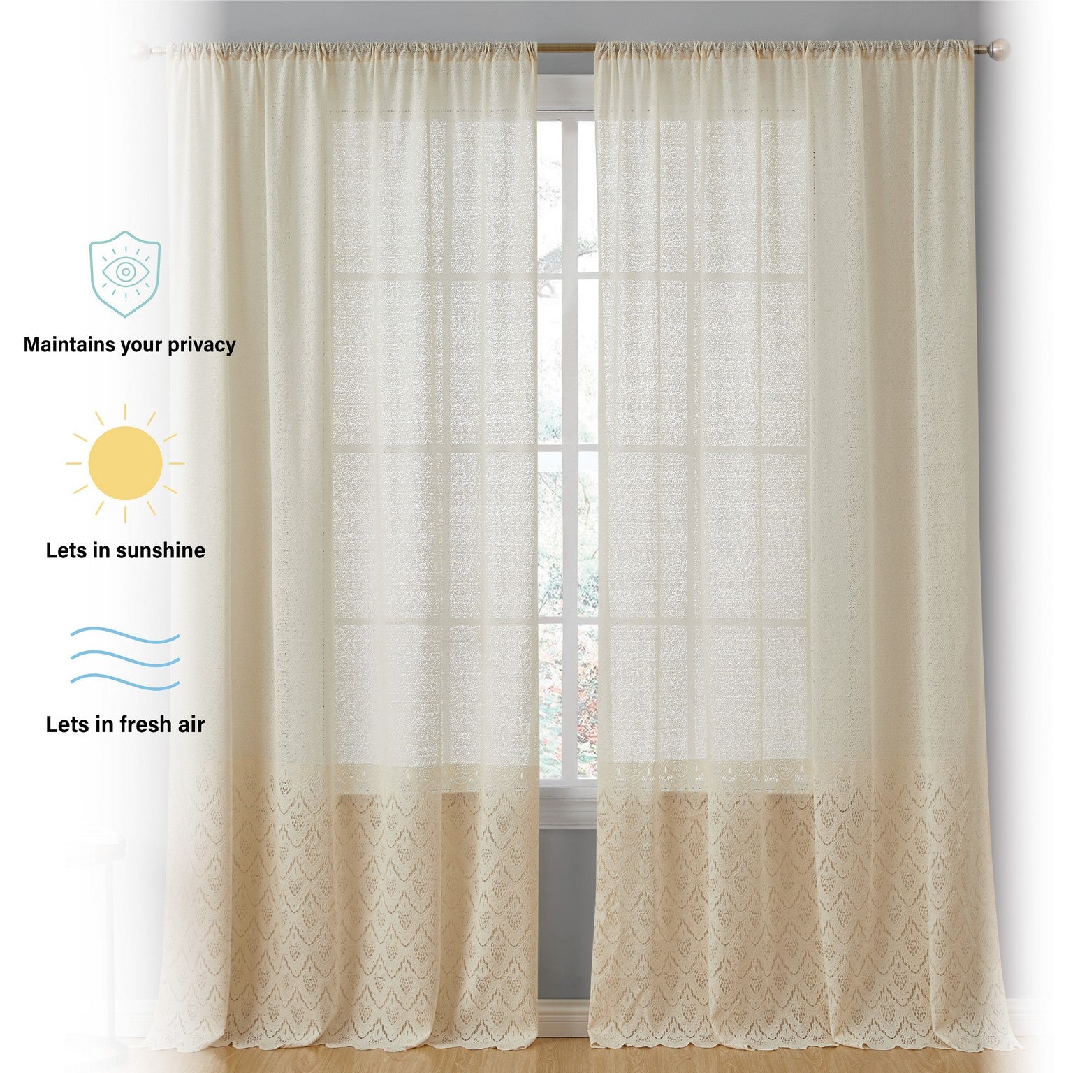 Monaco Macrame Lace Sheer Rod Pocket Curtain Panels