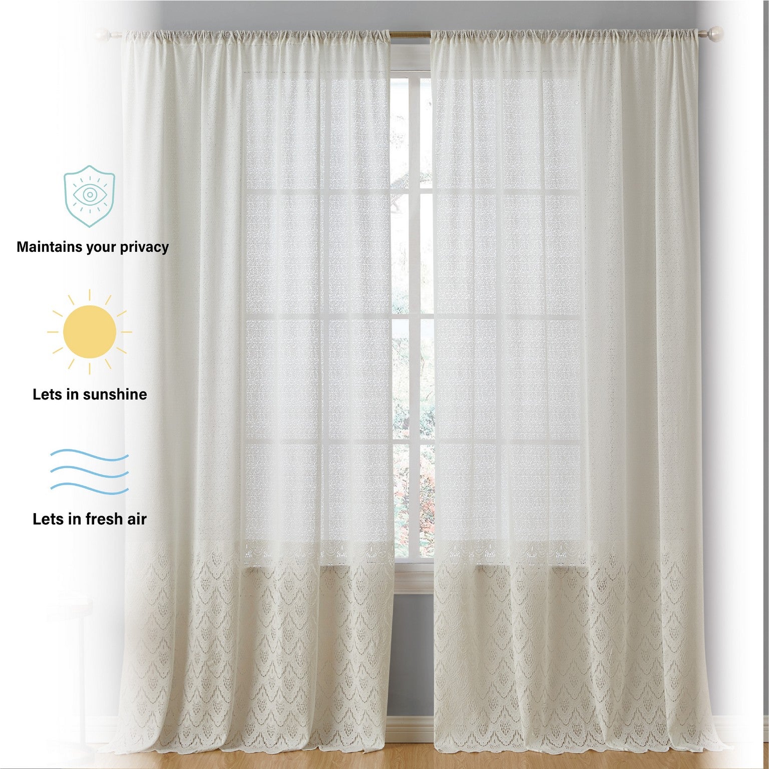 Monaco Macrame Lace Sheer Rod Pocket Curtain Panels