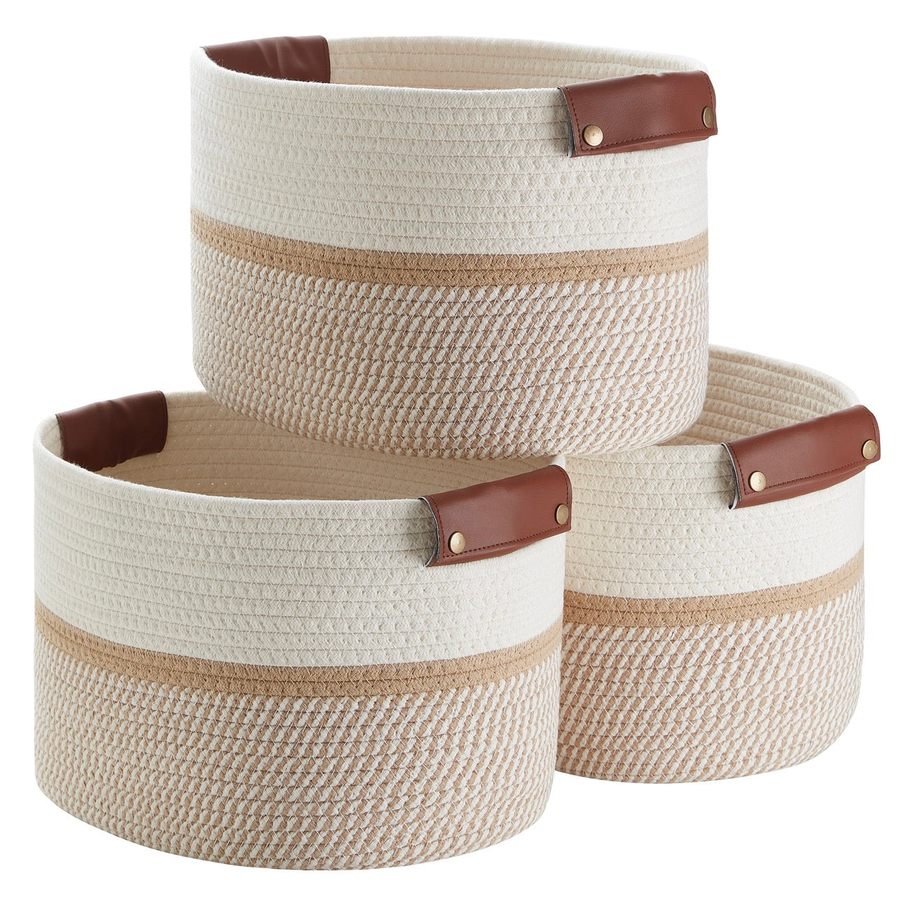 Woven Cotton Rope Shelf Storage Basket with Leather Handles (3 Pack)