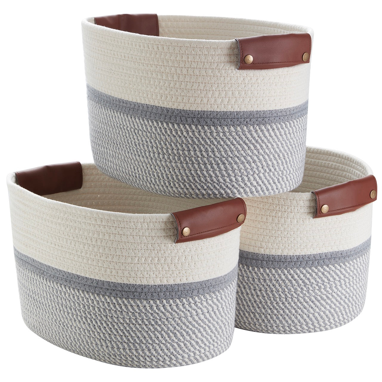 Woven Cotton Rope Shelf Storage Basket with Leather Handles (3 Pack)