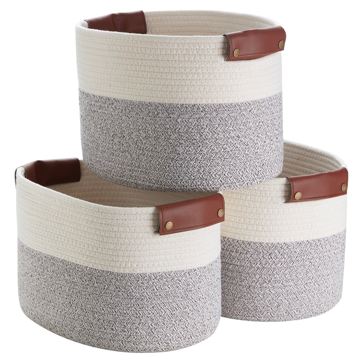 Woven Cotton Rope Shelf Storage Basket with Leather Handles (3 Pack)