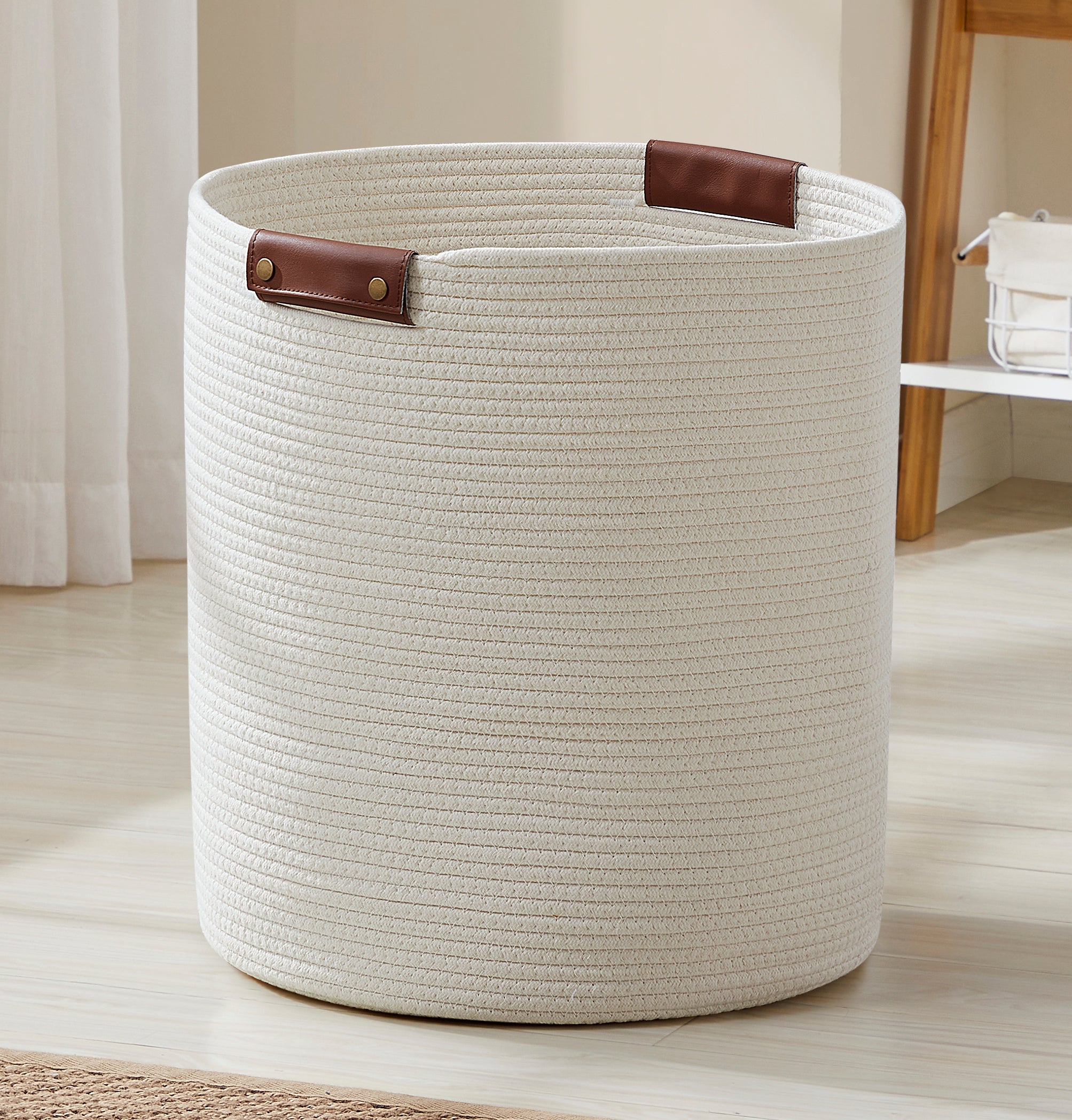 Cotton Rope Laundry Hamper Woven Basket w/ Leather Handles