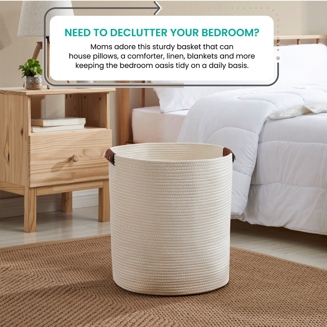 Cotton Rope Laundry Hamper Woven Basket w/ Leather Handles