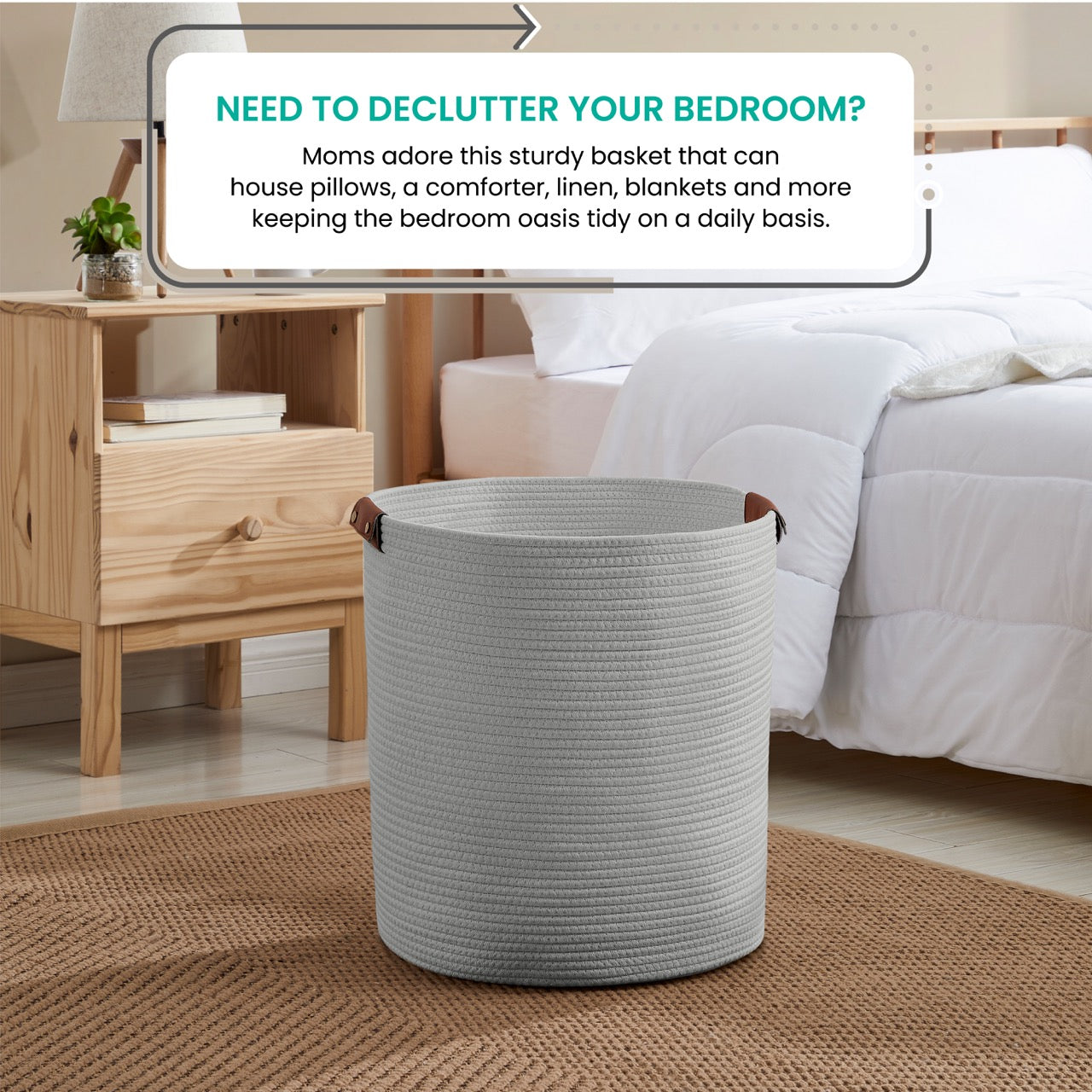 Cotton Rope Laundry Hamper Woven Basket w/ Leather Handles