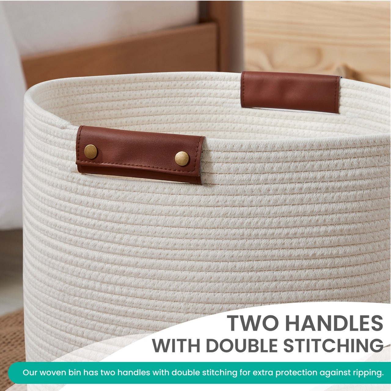 Cotton Rope Laundry Hamper Woven Basket w/ Leather Handles