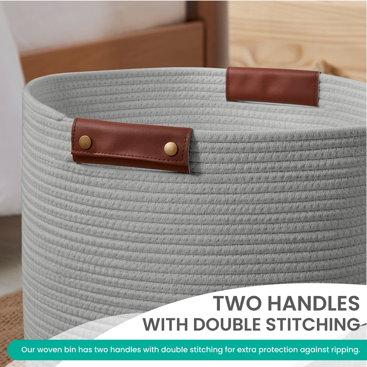 Cotton Rope Laundry Hamper Woven Basket w/ Leather Handles