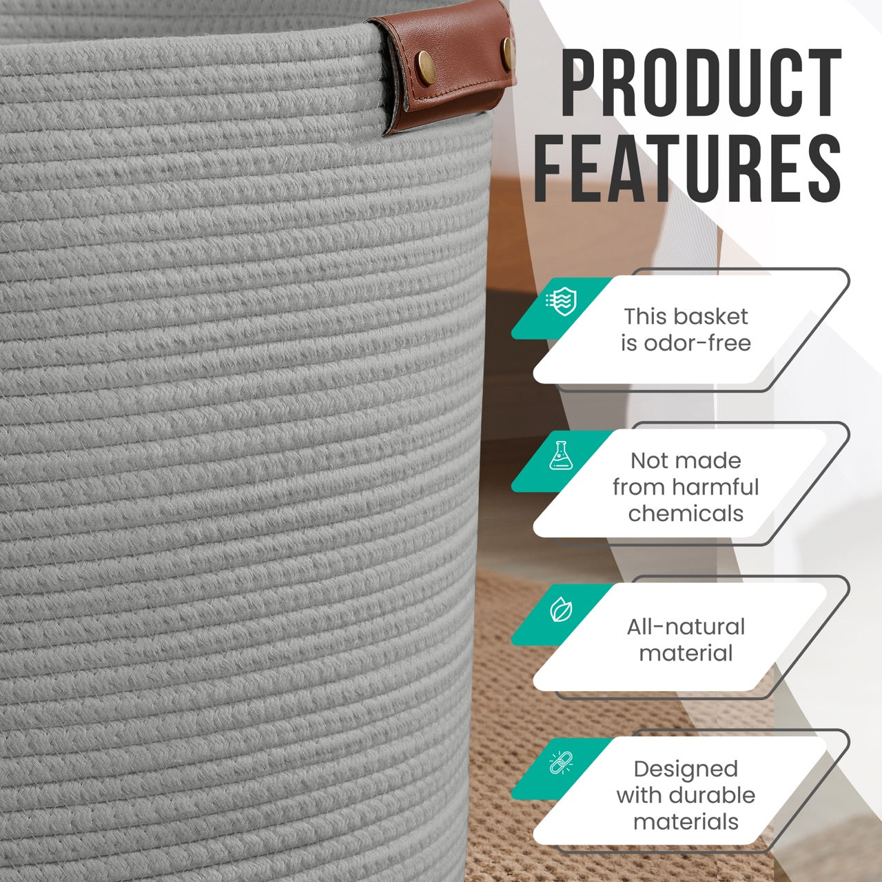 Cotton Rope Laundry Hamper Woven Basket w/ Leather Handles