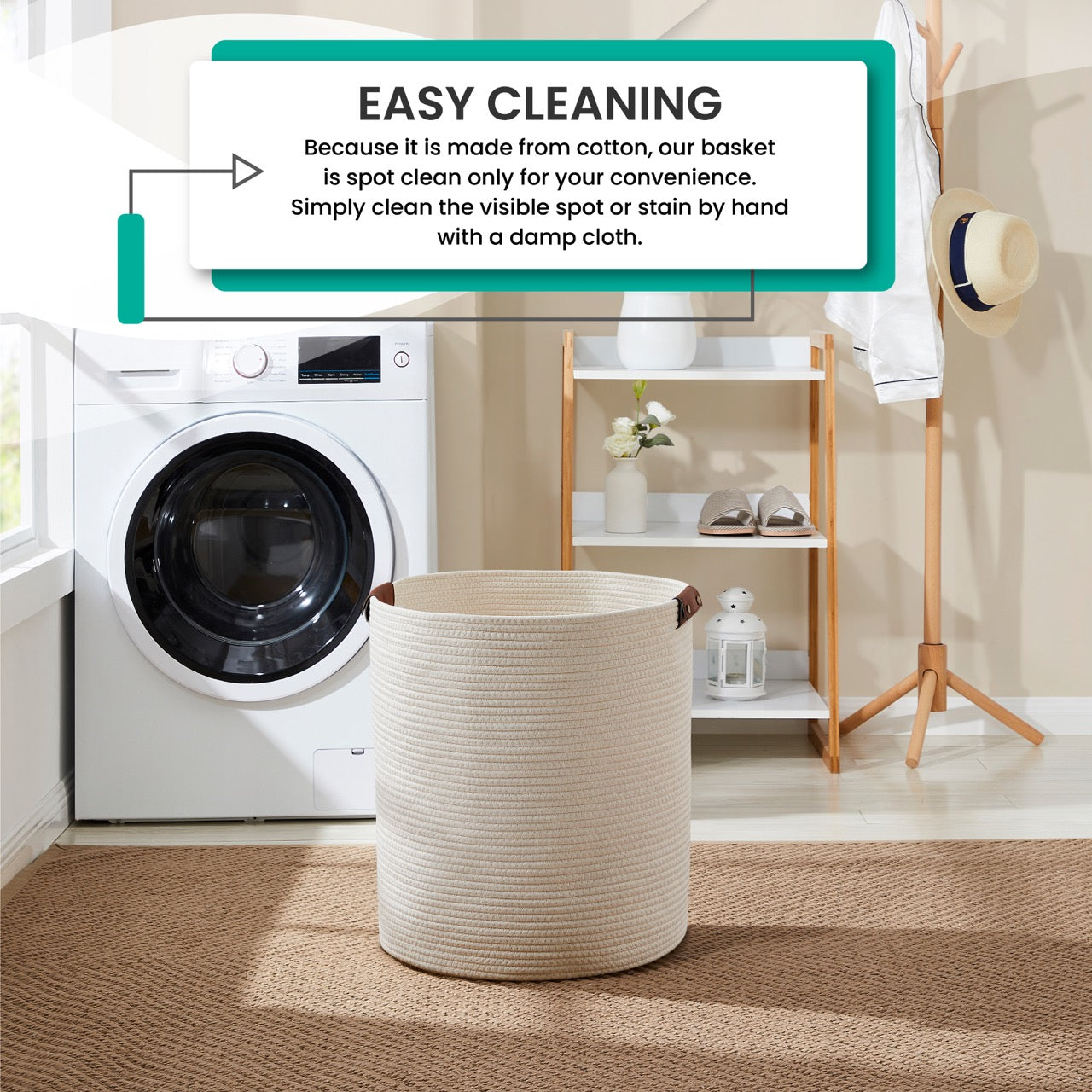 Cotton Rope Laundry Hamper Woven Basket w/ Leather Handles