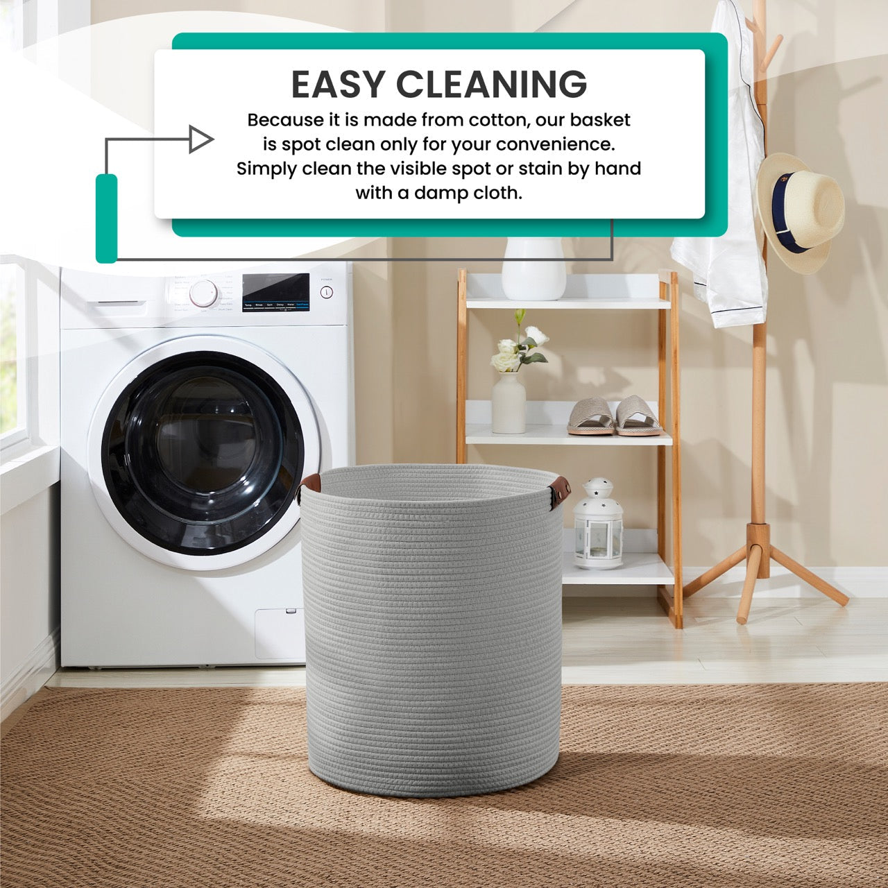 Cotton Rope Laundry Hamper Woven Basket w/ Leather Handles