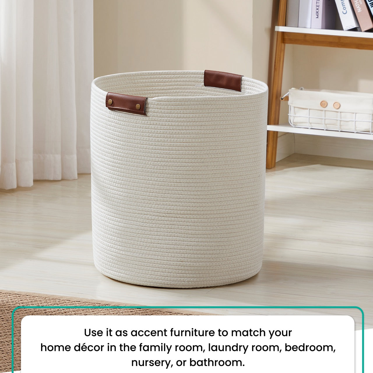 Cotton Rope Laundry Hamper Woven Basket w/ Leather Handles