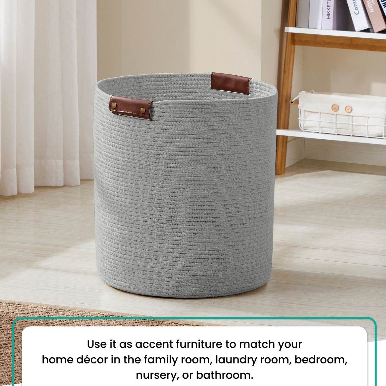 Cotton Rope Laundry Hamper Woven Basket w/ Leather Handles