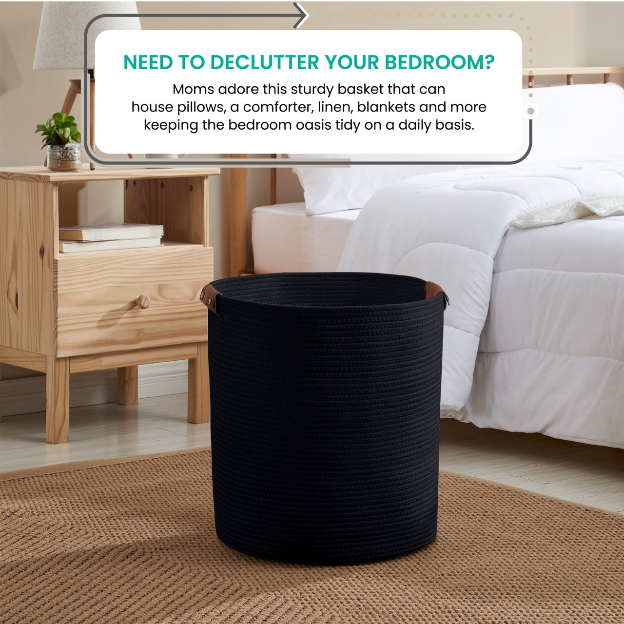 Cotton Rope Laundry Hamper Woven Basket w/ Leather Handles