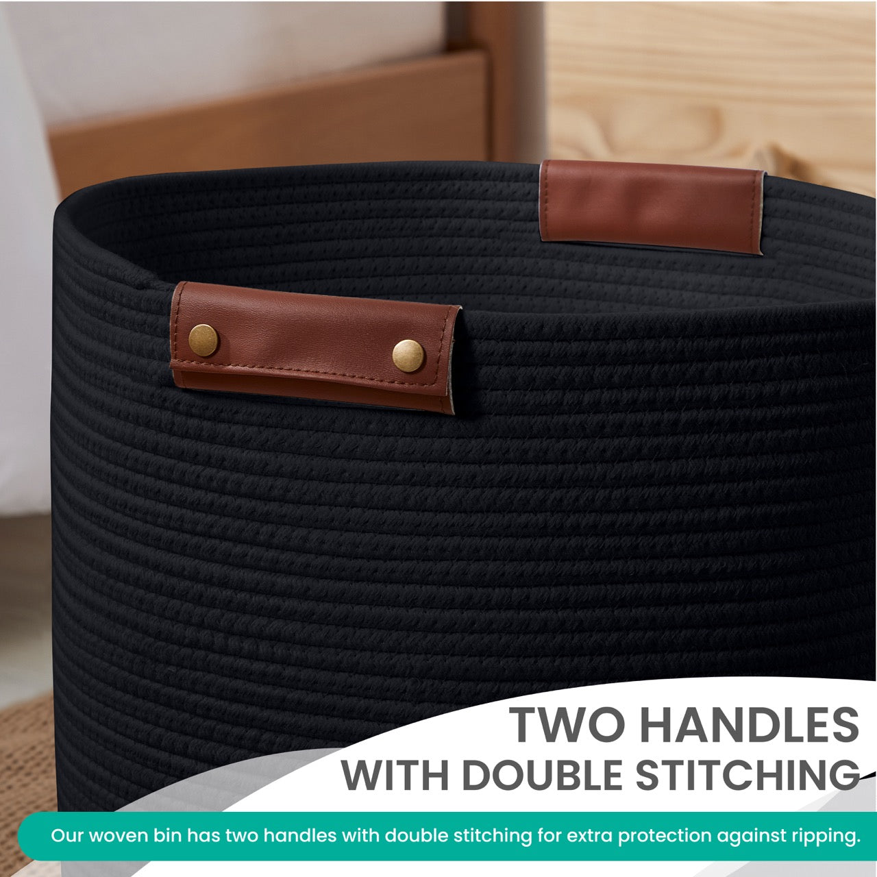 Cotton Rope Laundry Hamper Woven Basket w/ Leather Handles