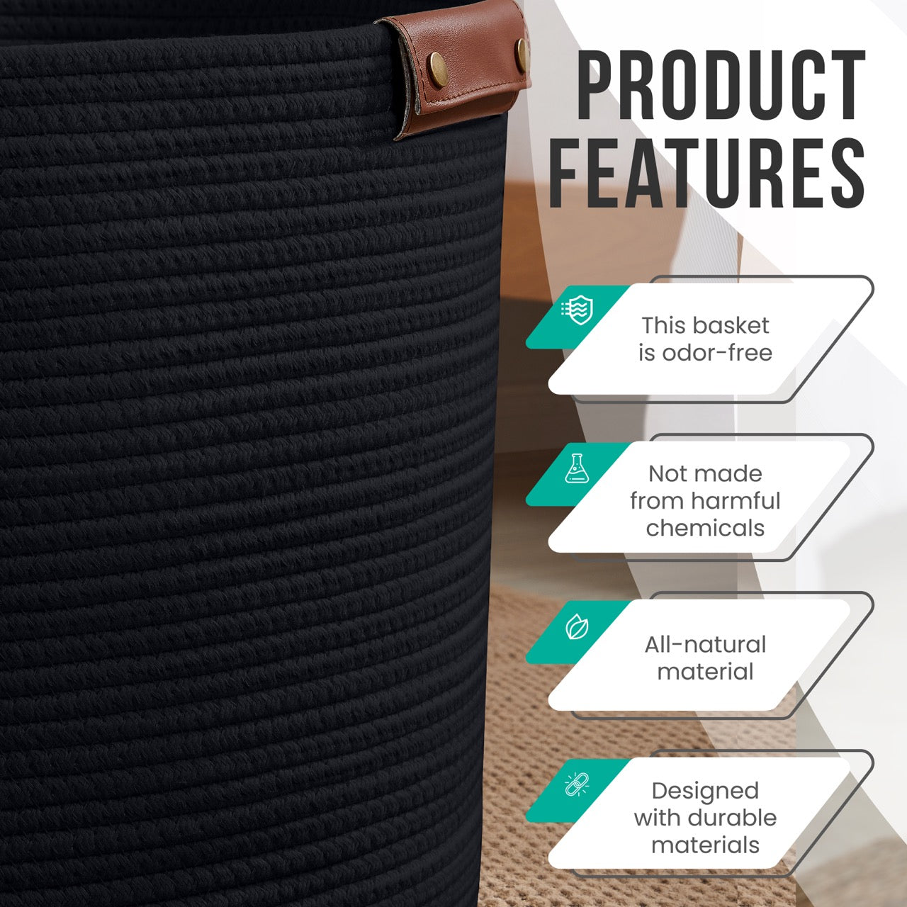 Cotton Rope Laundry Hamper Woven Basket w/ Leather Handles