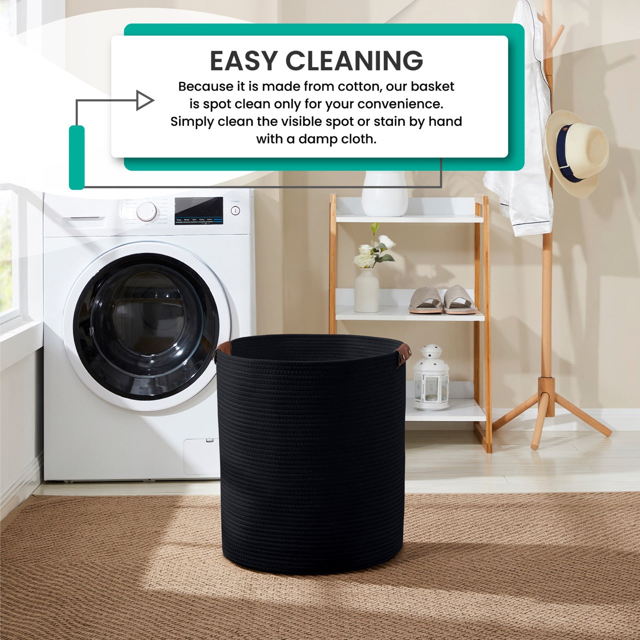 Cotton Rope Laundry Hamper Woven Basket w/ Leather Handles