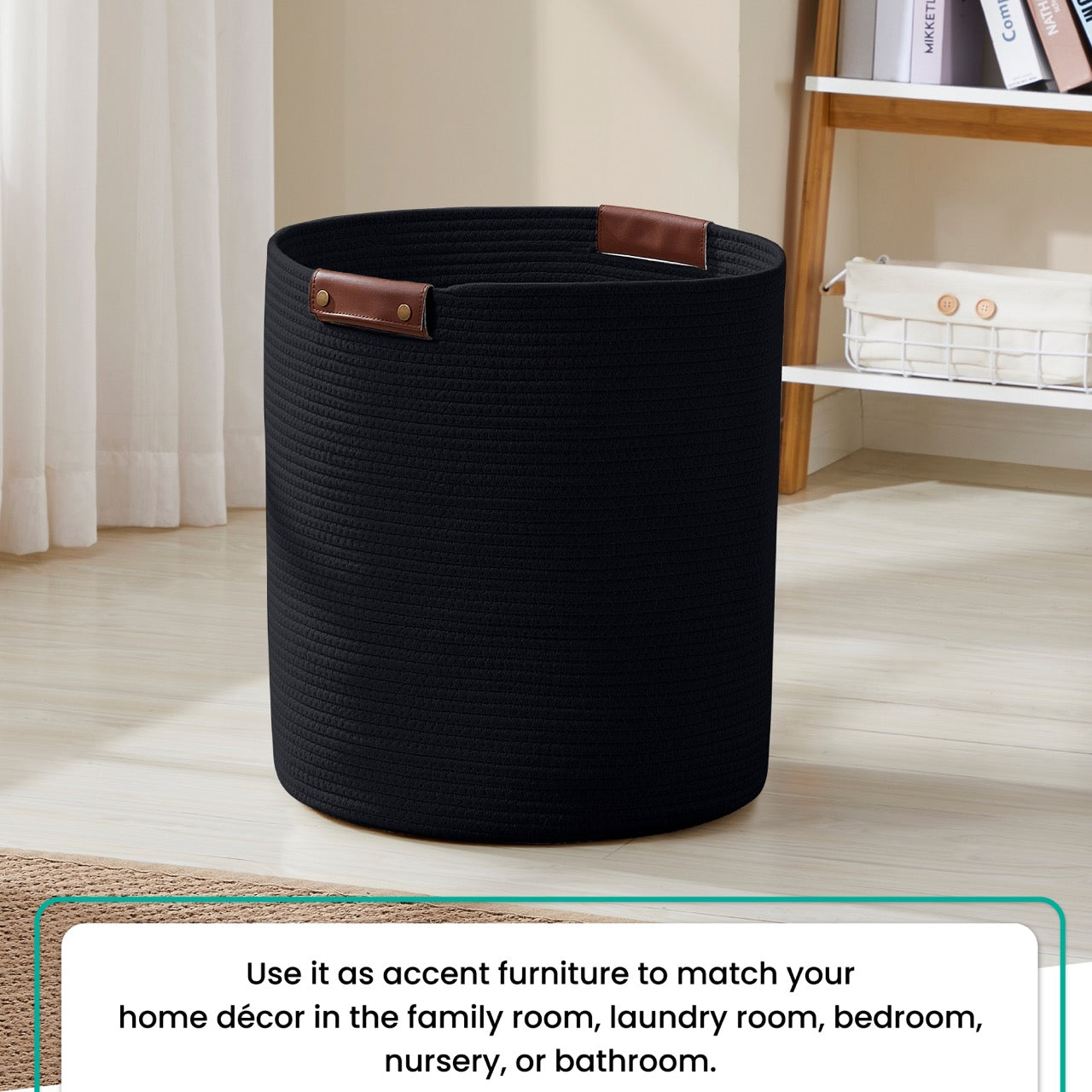 Cotton Rope Laundry Hamper Woven Basket w/ Leather Handles