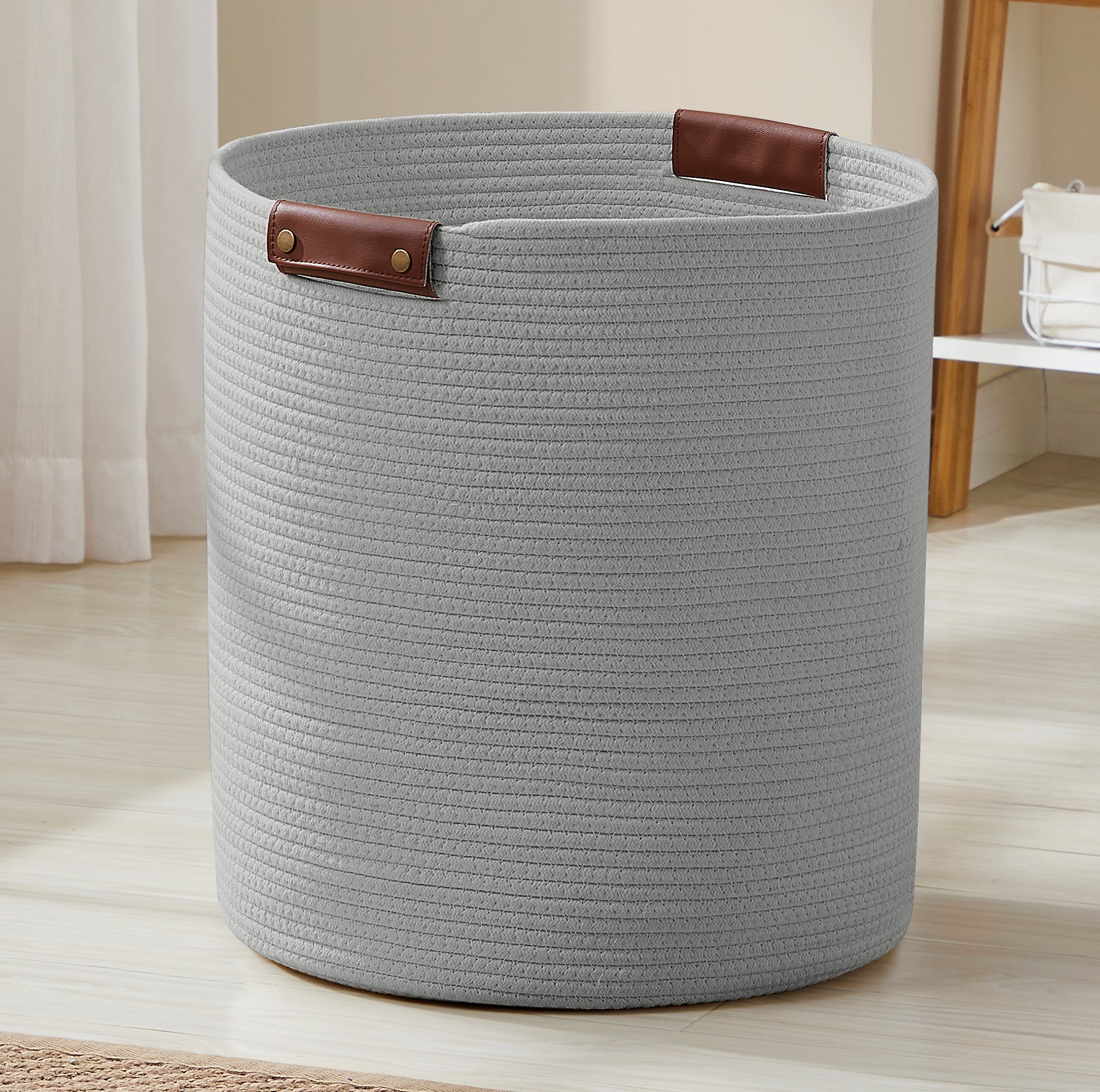 Cotton Rope Laundry Hamper Woven Basket w/ Leather Handles