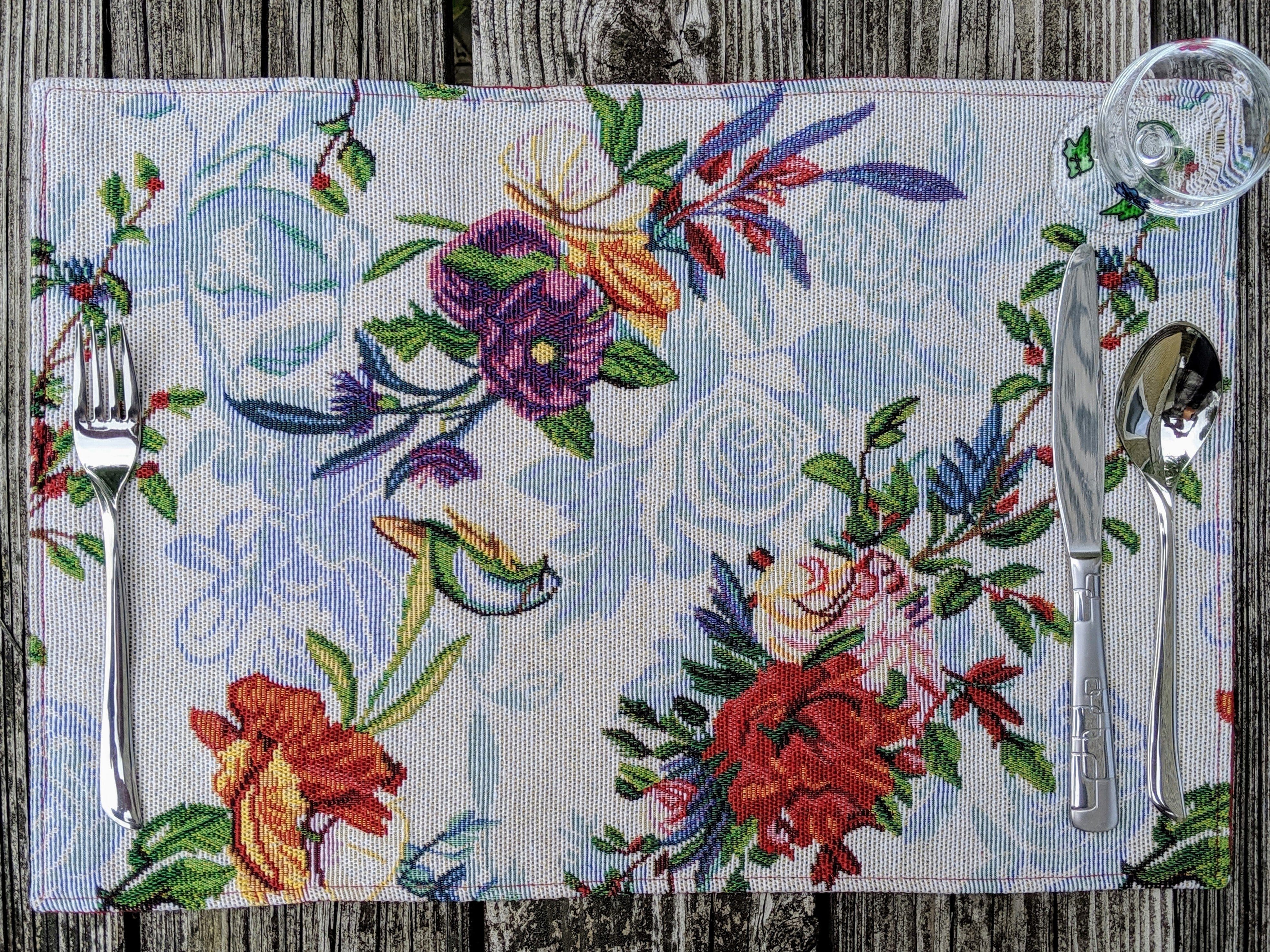 Set of 4-Pieces Tropical Sky Blue Birds Floral Tapestry Dining Table Placemats 13" x 19" (18116)