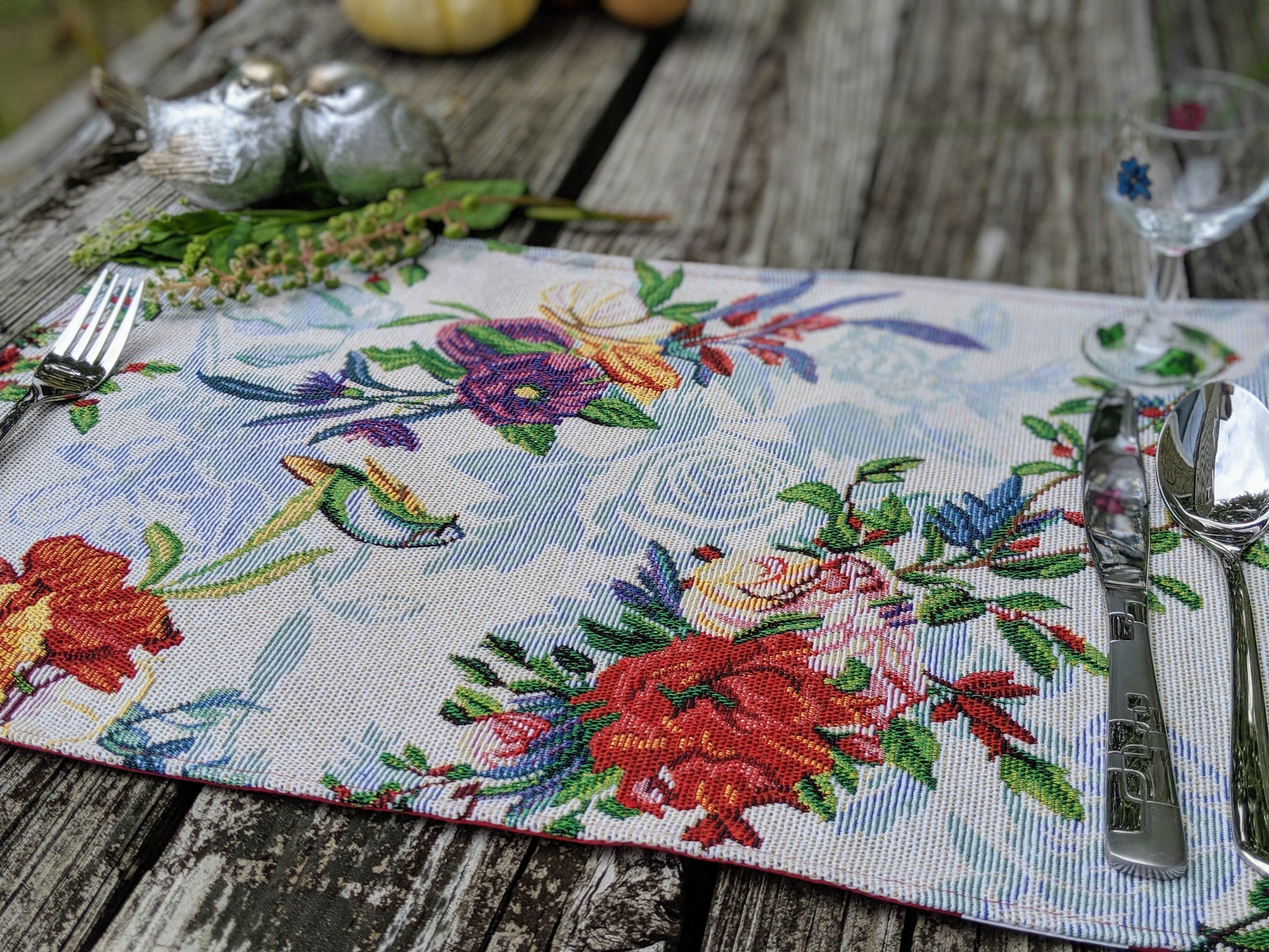 Set of 4-Pieces Tropical Sky Blue Birds Floral Tapestry Dining Table Placemats 13" x 19" (18116)