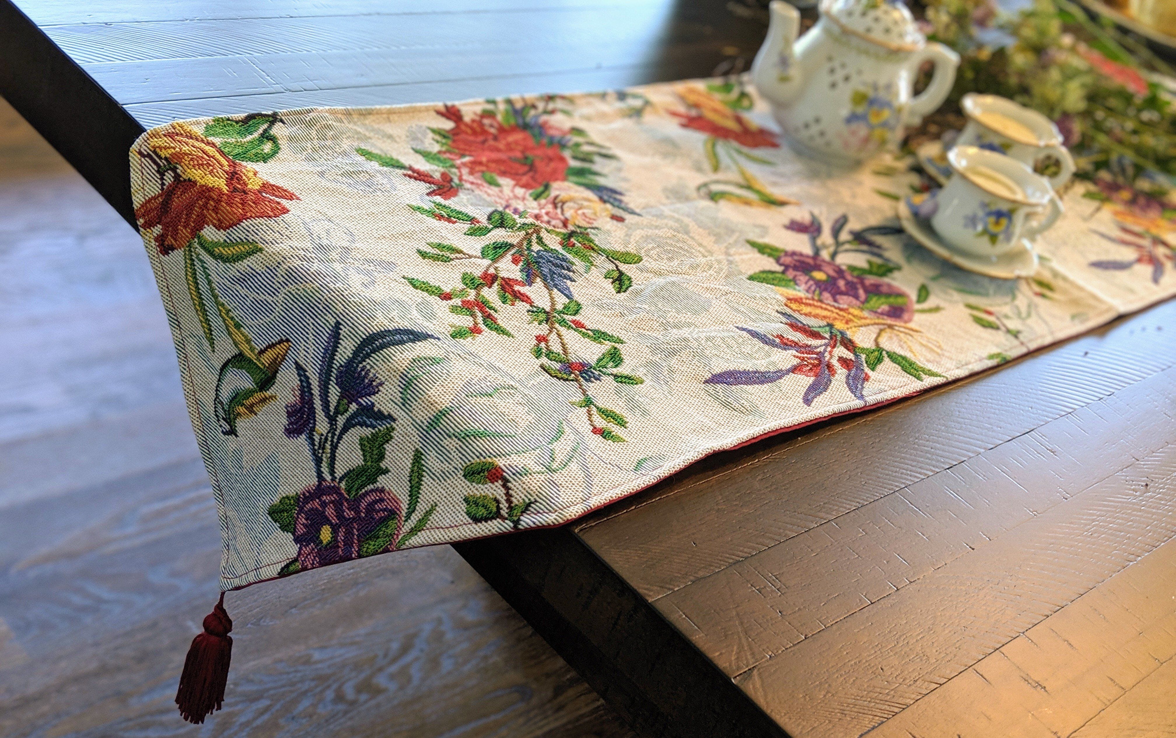 Floral Roses Tropical Paradise Birds Woven Tapestry Dining Table Runner (18116)