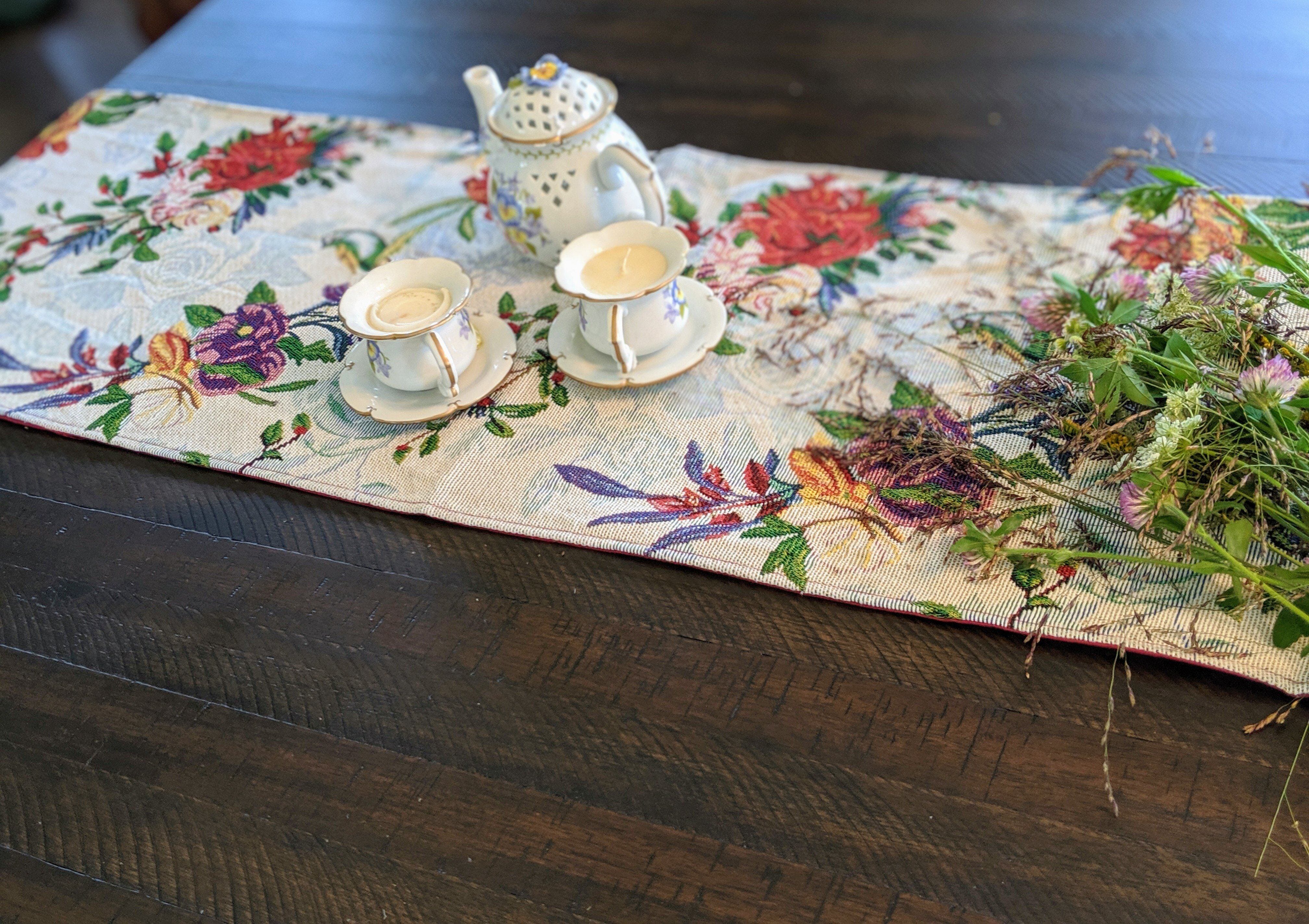 Floral Roses Tropical Paradise Birds Woven Tapestry Dining Table Runner (18116)