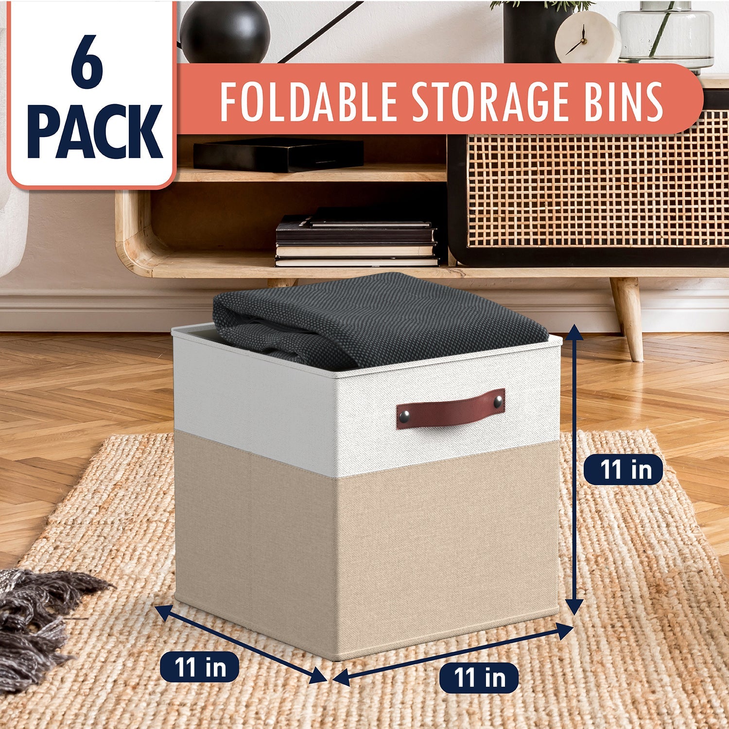Foldable Linen Storage Cube Bin with Leather Handles - 11 Inch - Set of 6