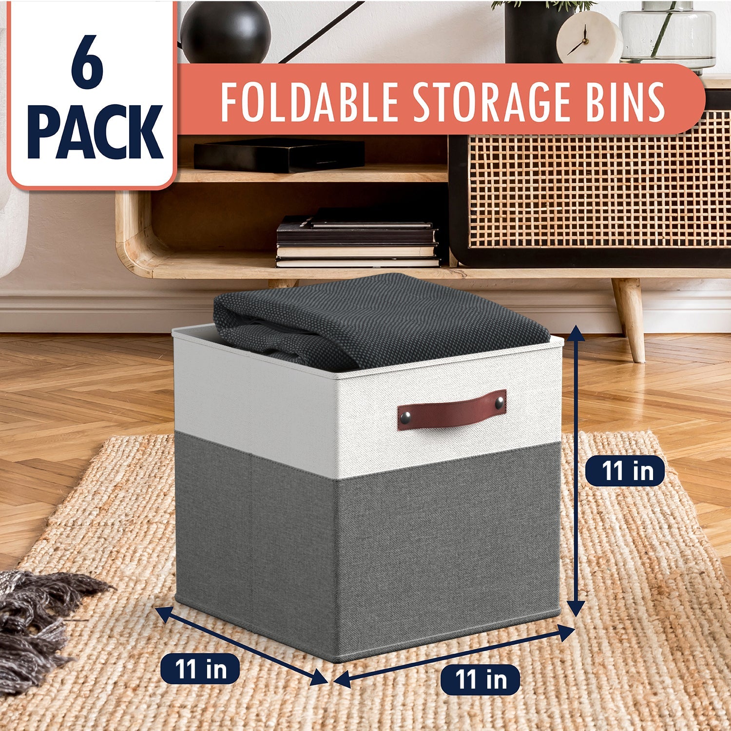 Foldable Linen Storage Cube Bin with Leather Handles - 11 Inch - Set of 6
