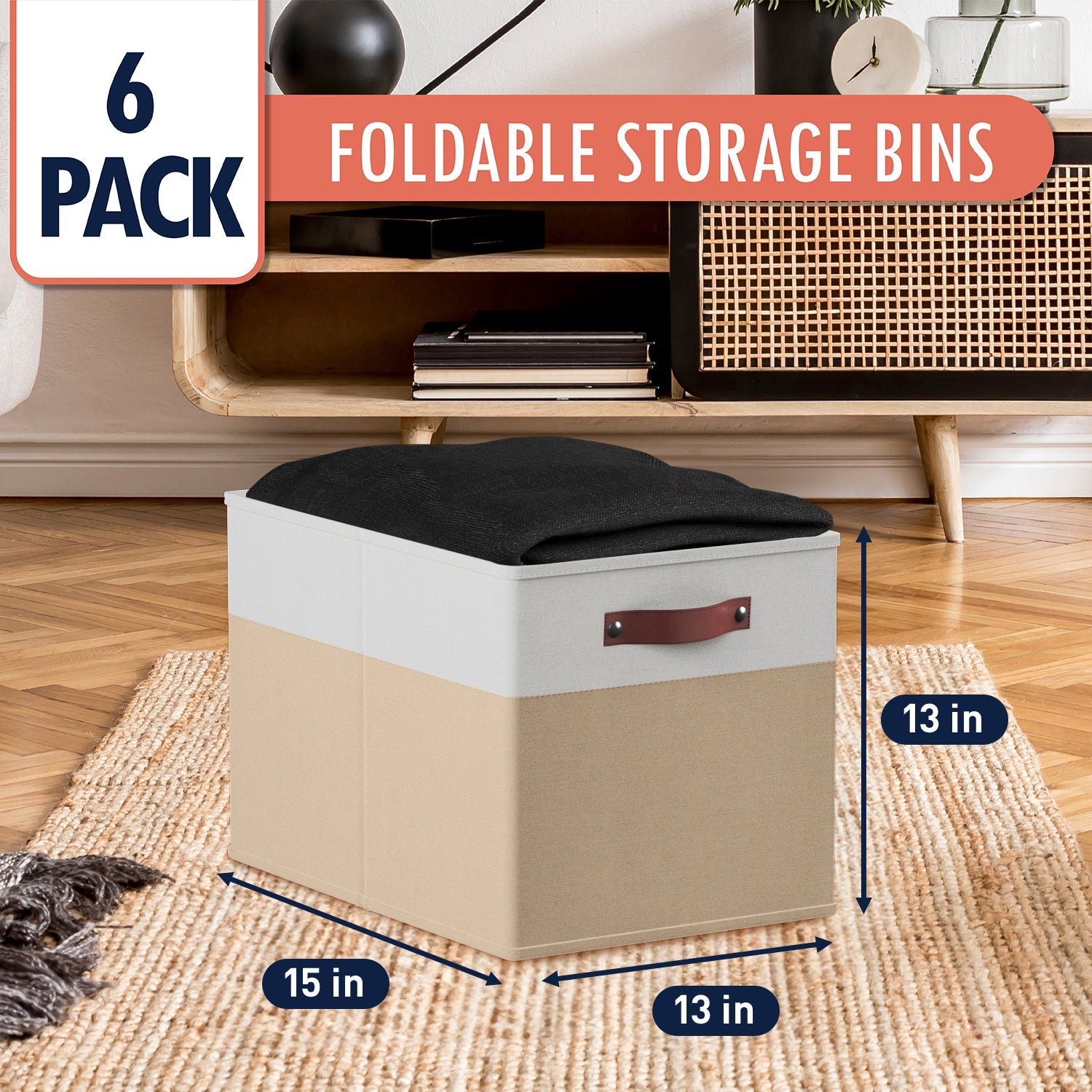 Foldable Linen Kallax Storage Cube Bin with Leather Handles – 13x15x13 Inch - Set of 6 White Khaki