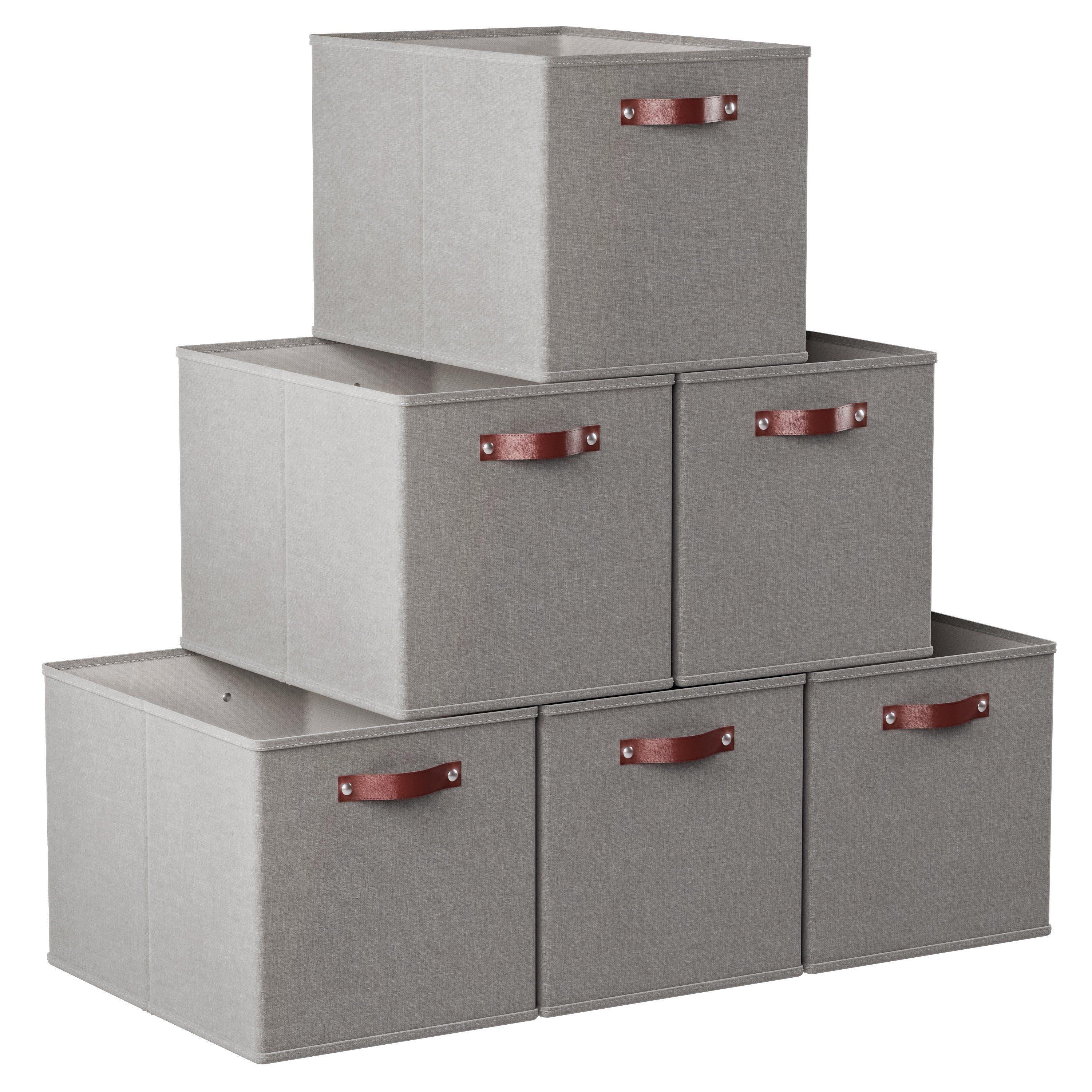 Foldable Linen Storage Cube Bin with Leather Handles - Set of 6