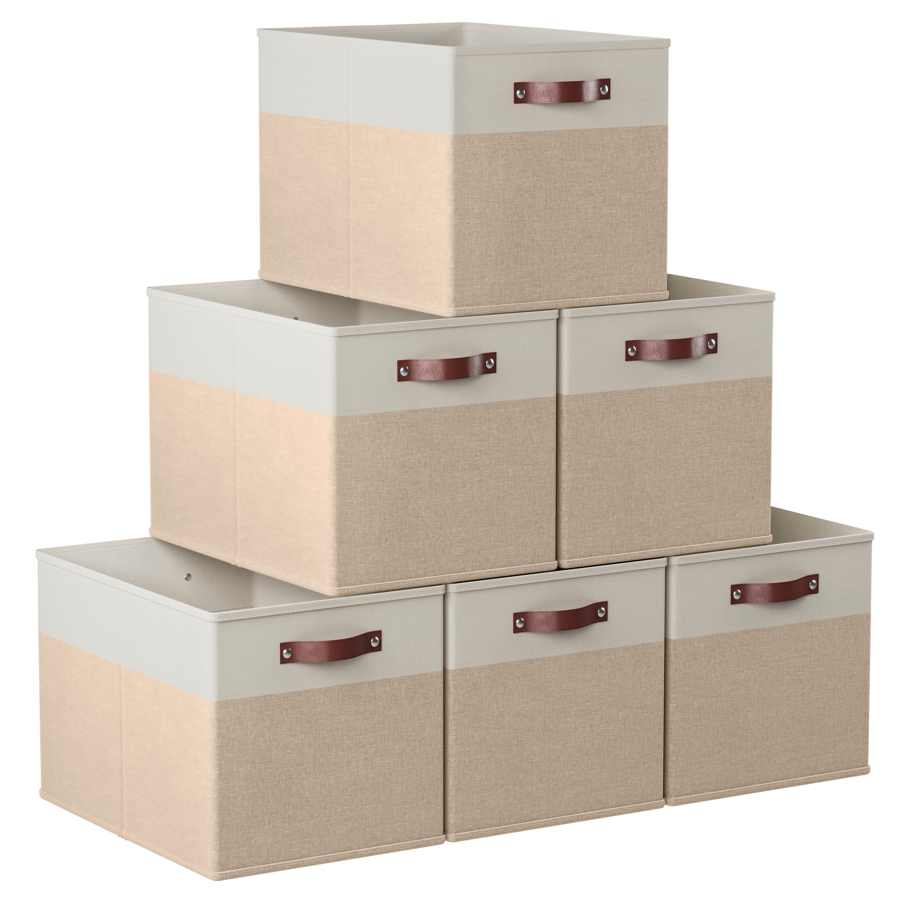 Foldable Linen Storage Cube Bin with Leather Handles - Set of 6