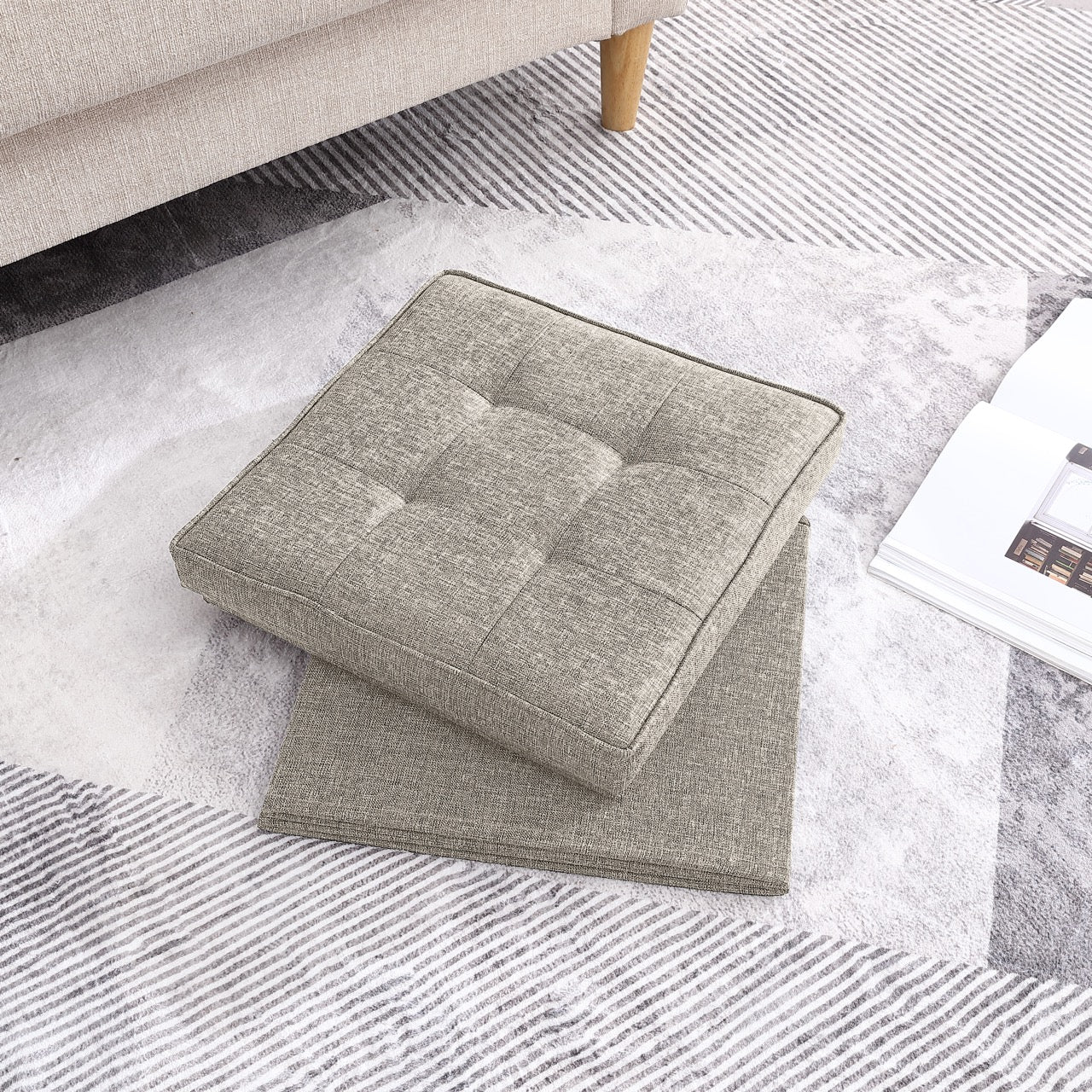 Foldable Tufted Linen Square Storage Ottoman with Table Top Lid