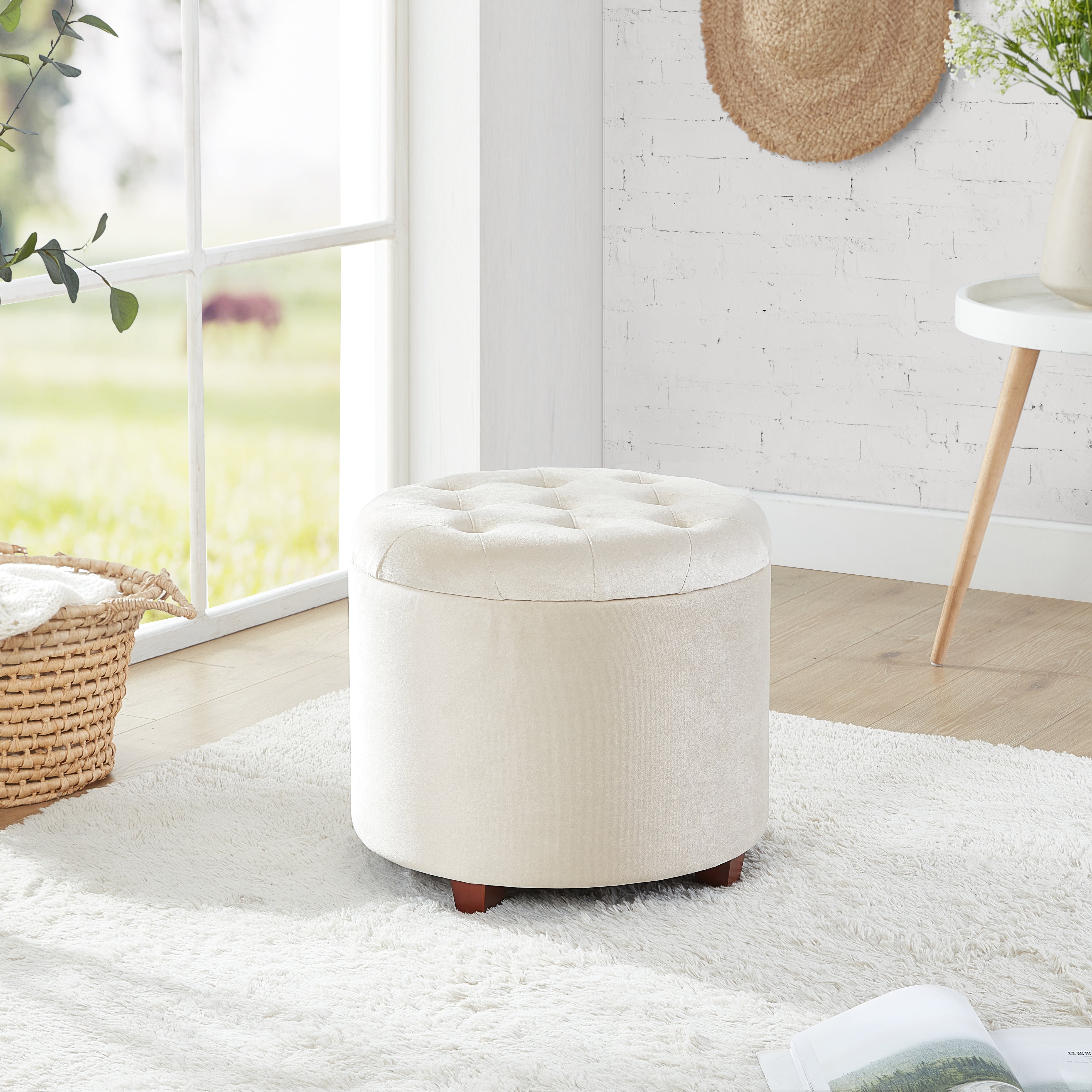Donovan Round Tufted Velvet Storage Ottoman - Cream