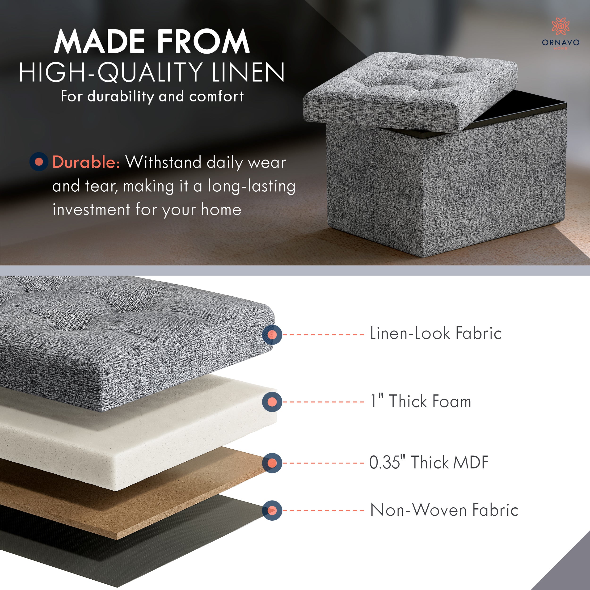 Ornavo Home Foldable Small Rectangle Storage Ottoman - 12 x 16 x 12