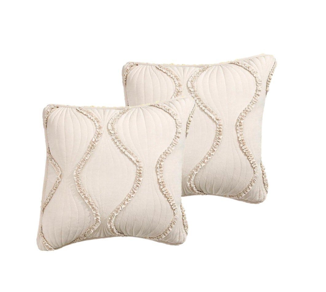 Set of 2 Charming Country Tufted Ivory Tan Ruffles Throw Pillow Covers - 18" x 18" (JHW873)
